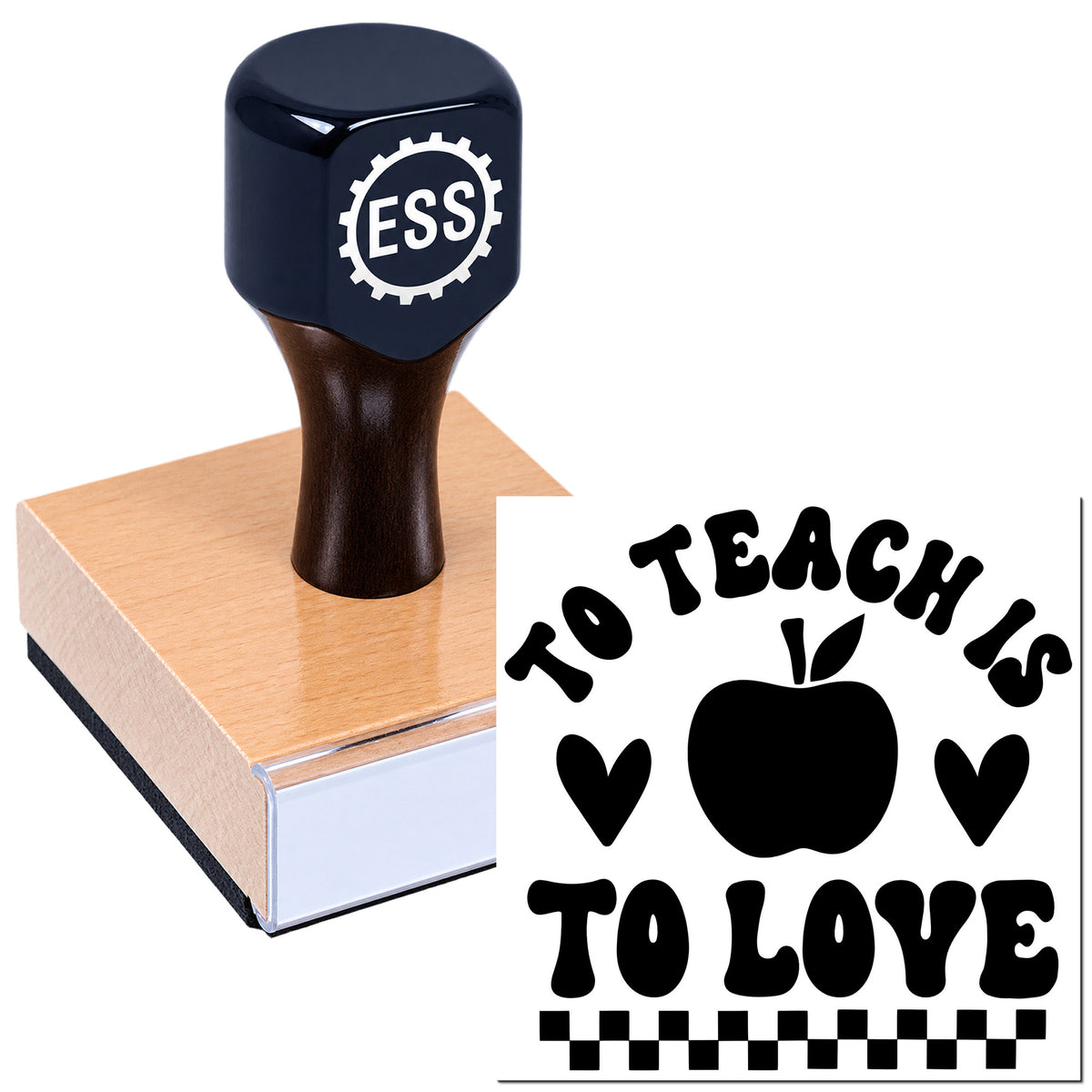 Black ESS custom stamp and seal on wooden block, printing "TO TEACH IS TO LOVE" with apple and hearts.