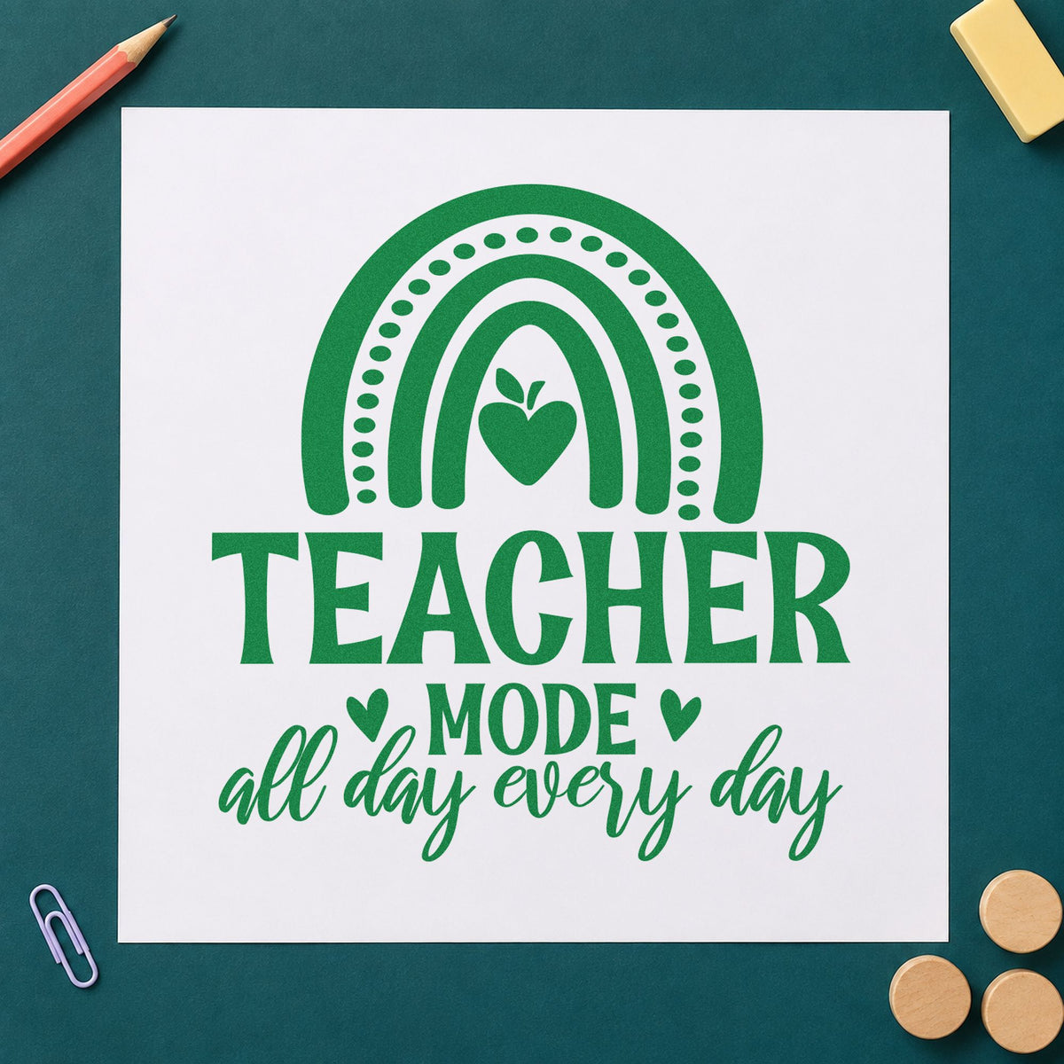 Teacher Mode Rainbow Apple craft stamp imprint in green ink on a handmade project, one idea being weekly grid pages.