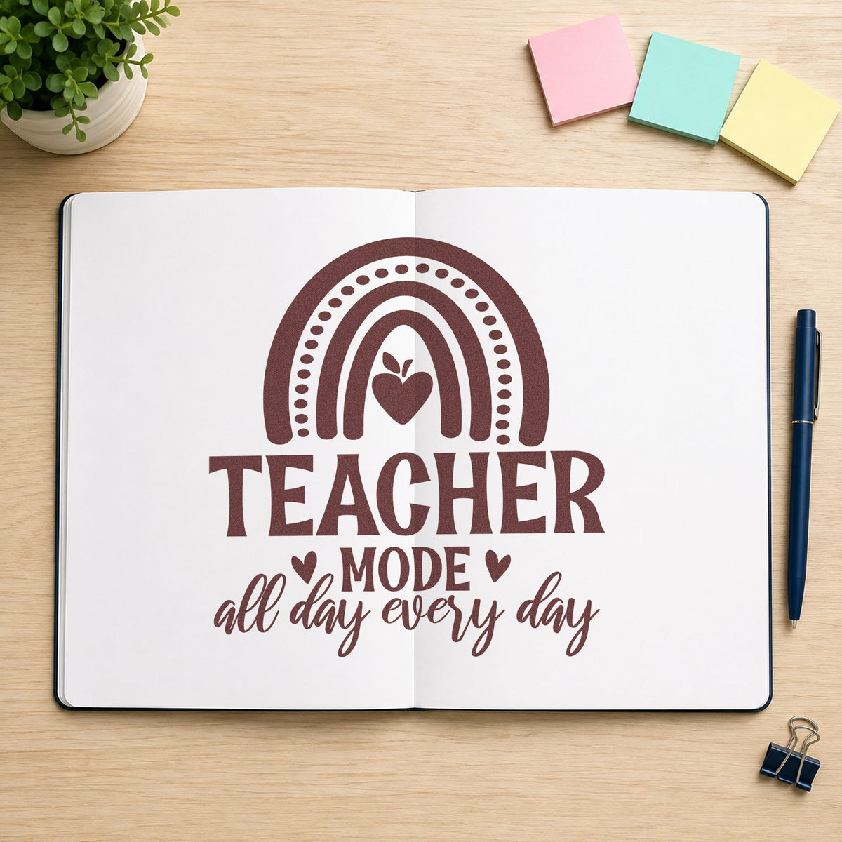 Teacher Mode Rainbow Apple rubber stamp printed in brown ink, ready for paint pot labels and similar paper crafts.