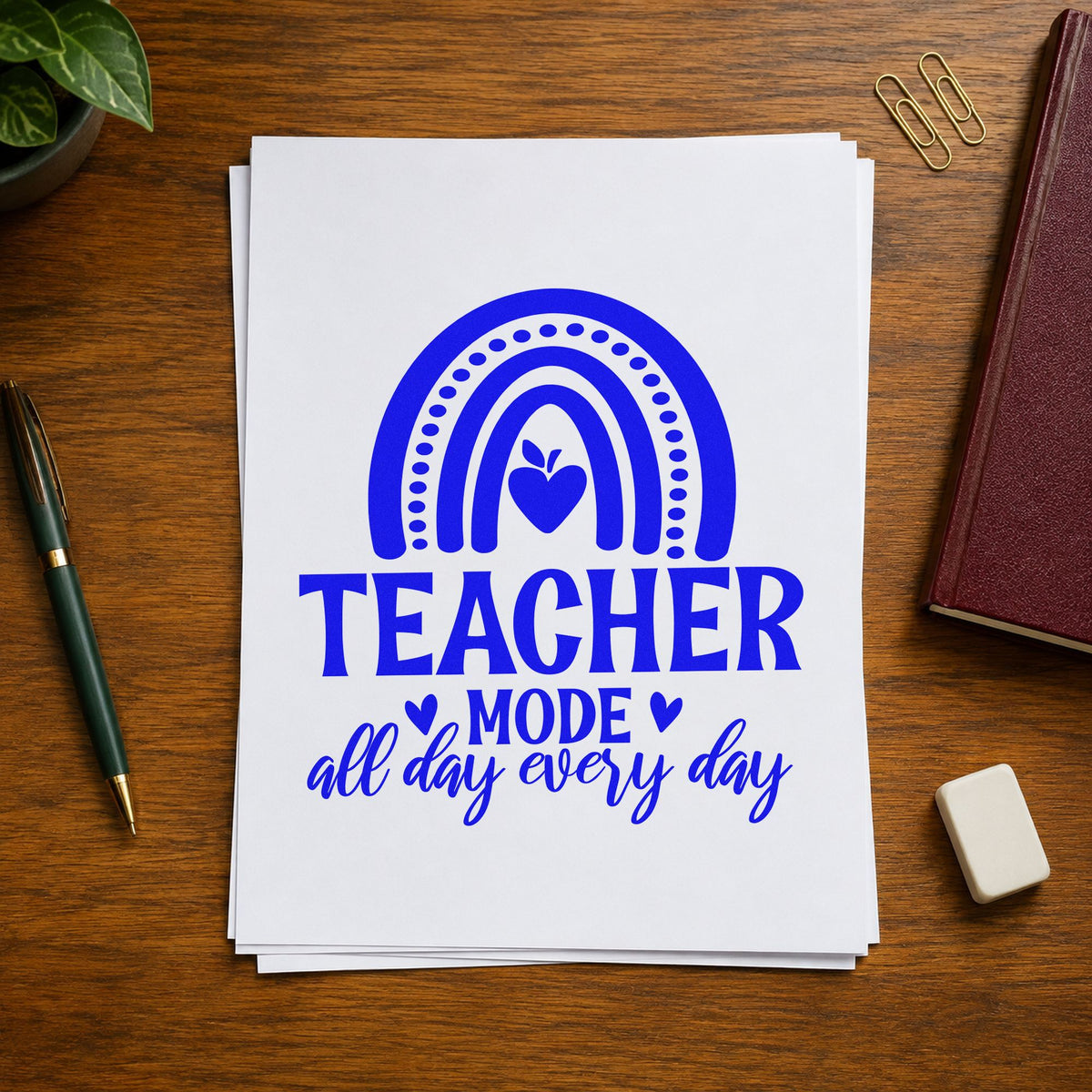 Teacher Mode Rainbow Apple craft stamp in blue ink on cardstock, an easy option for bunting arc panels.