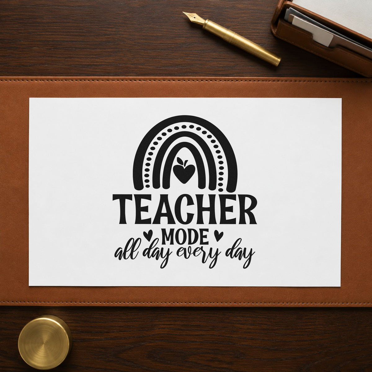 Teacher Mode Rainbow Apple rubber stamp printed in black ink, ready for patterned rainbow cards and similar paper crafts.
