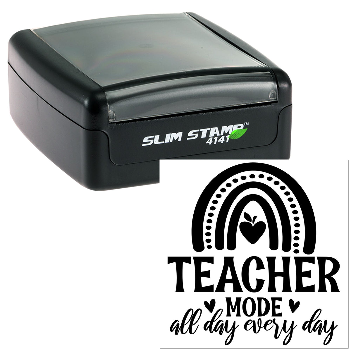 Black Slim Stamp 4141 self-inking stamp and seal with rainbow heart design and Teacher mode all day every day text.