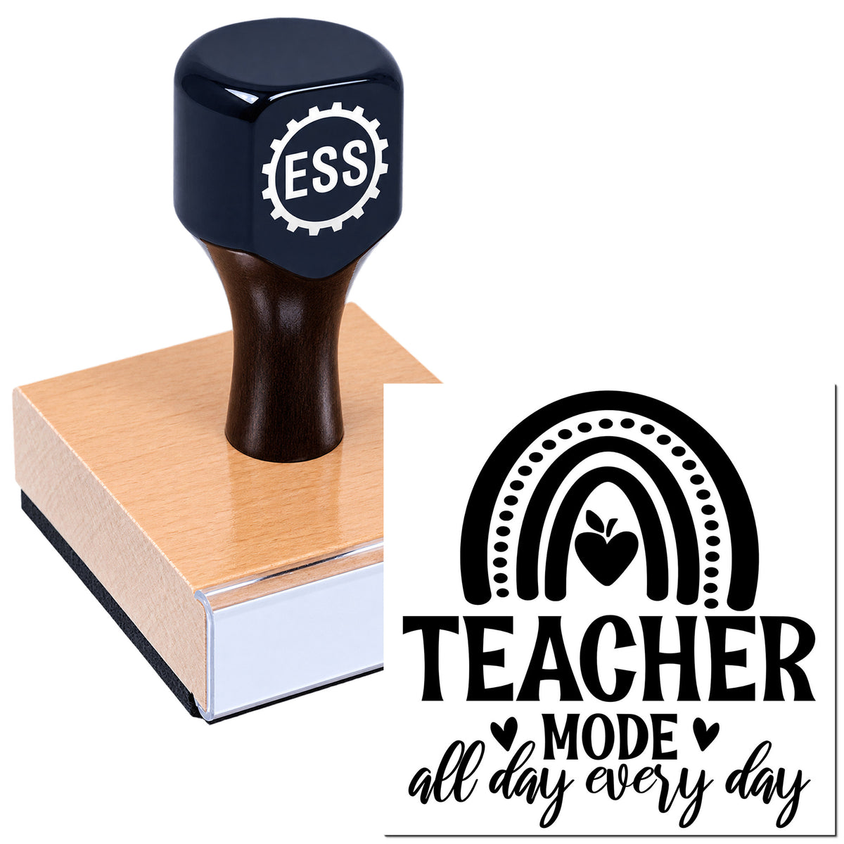 Dark navy custom teacher stamp with ESS logo on wooden block and black "TEACHER MODE all day every day" seal design.