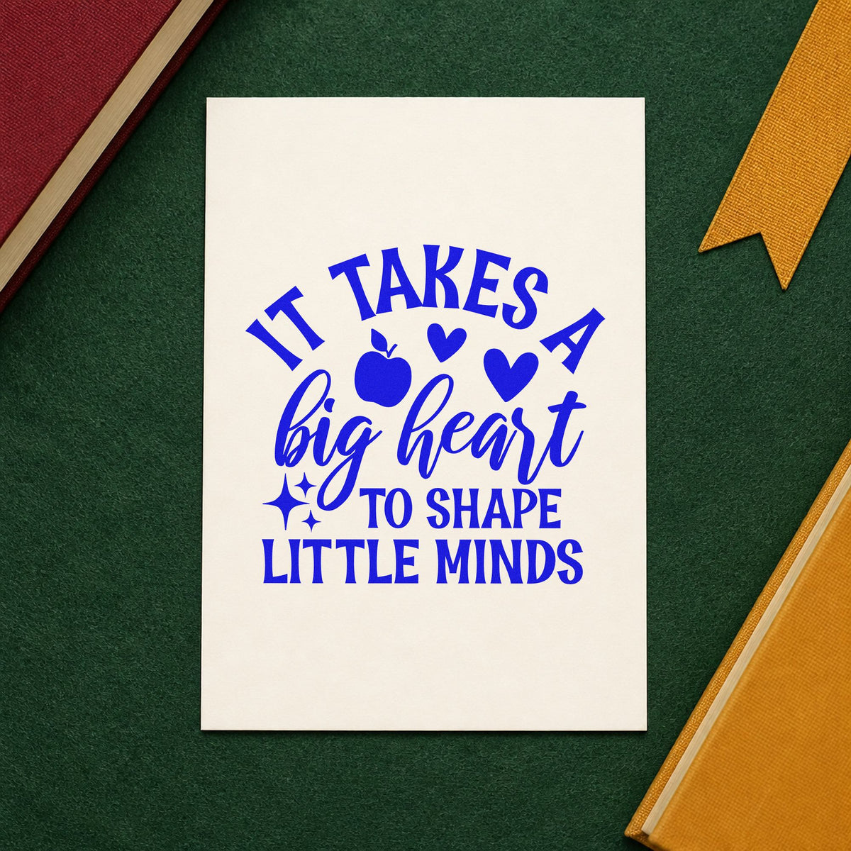 Big Heart Shape Little Minds craft stamp in blue ink on cardstock, an easy option for buggy blanket panels.