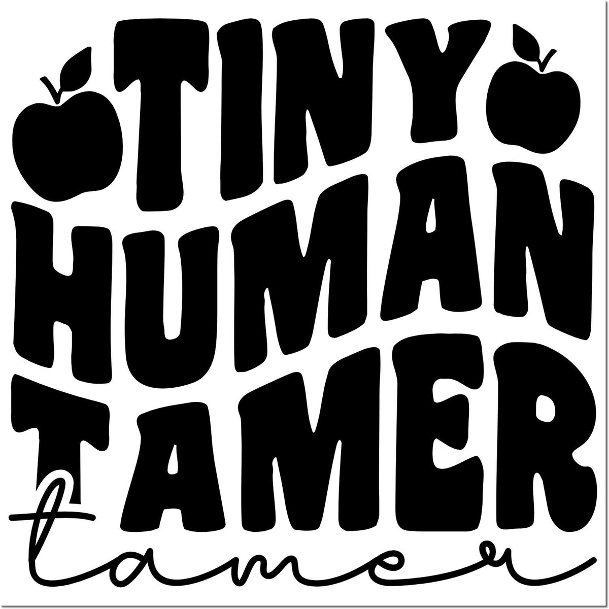 Black Tiny Human Tamer custom stamp and seal design with apple icons and cursive script on white background.