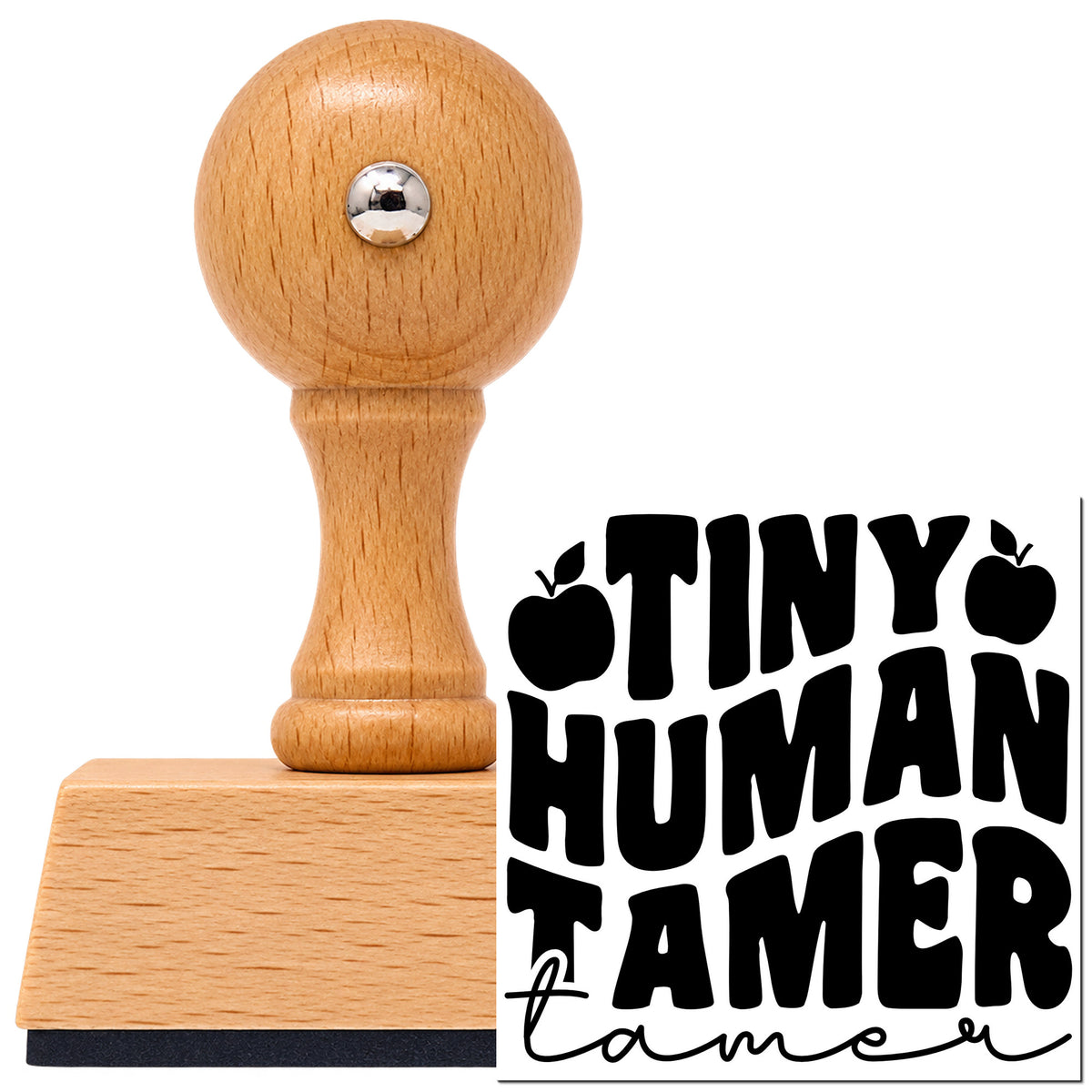 Vintage Pro beech wood stamp with a round knob handle, shown with its black Tiny Human Tamer Apples Script Lettering imprint on white.