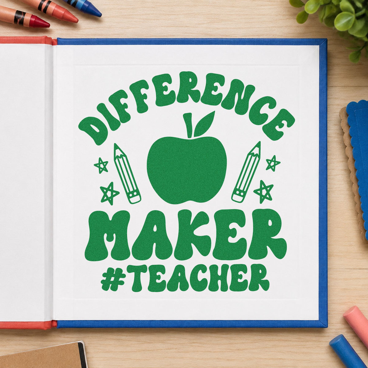 Difference Maker Teacher Apple craft stamp imprint in green ink on a handmade project, one idea being framed praise column.