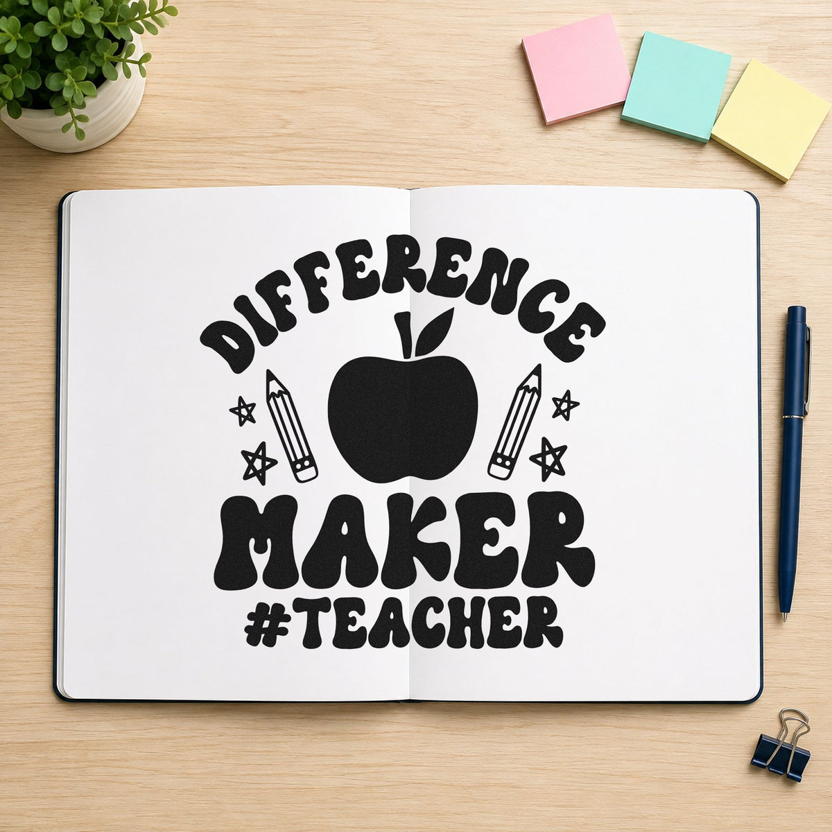Difference Maker Teacher Apple rubber stamp printed in black ink, ready for pencils stars cards and similar paper crafts.