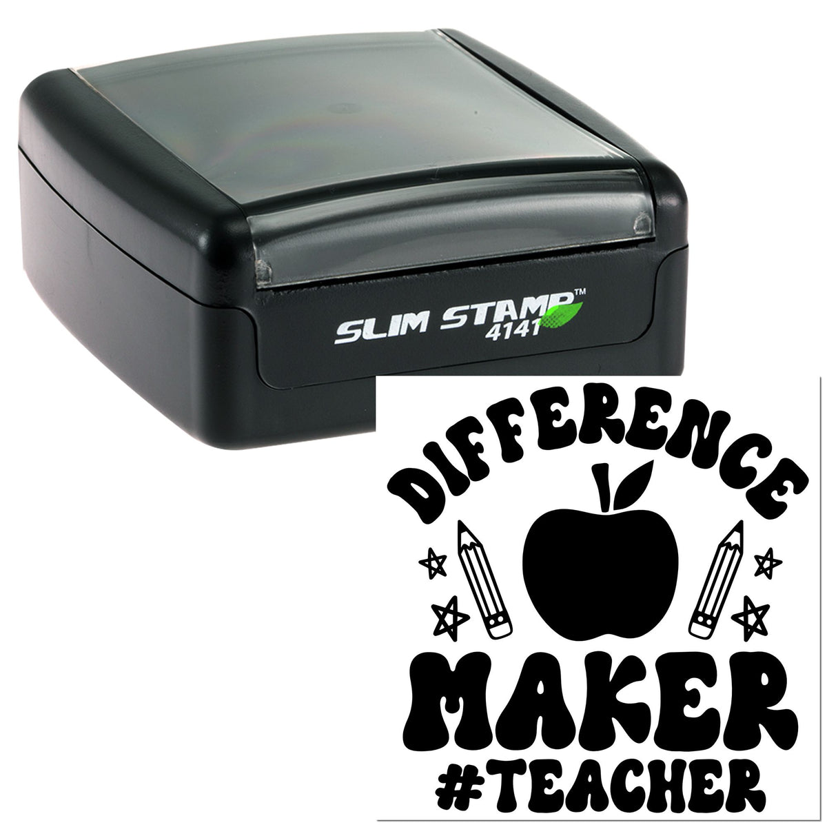 Black Slim Stamp 4141 self-inking stamp and teacher seal design with apple, pencils, stars, and bold Different Maker #Teacher text.