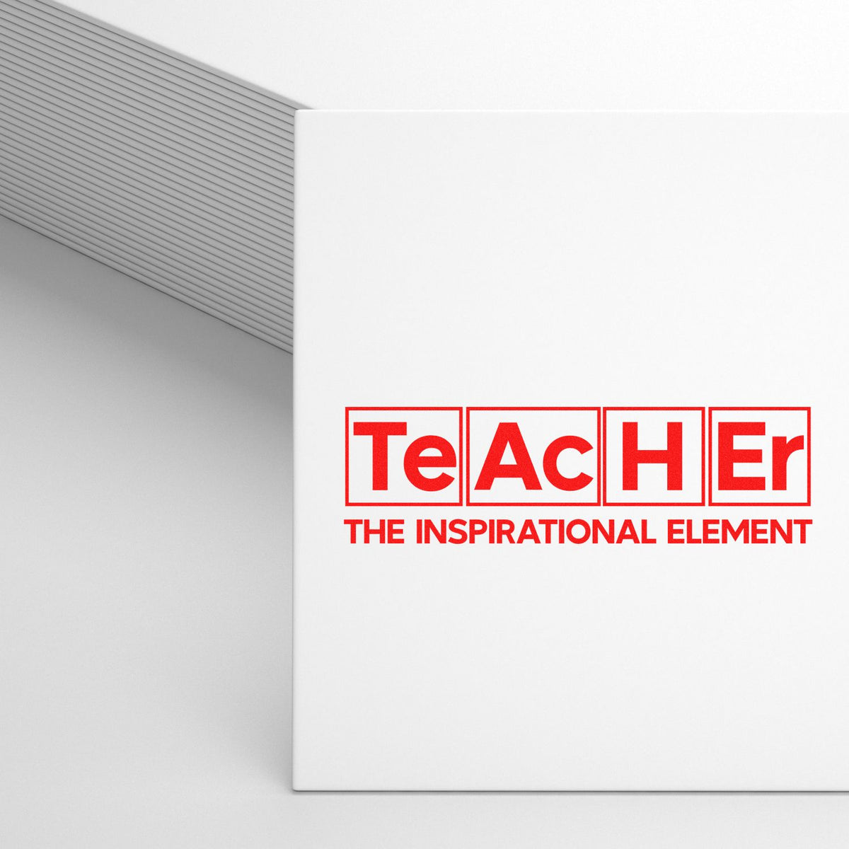 White stamp and seal product with bold red TEACHER logo and tagline, beside gray textured cards.