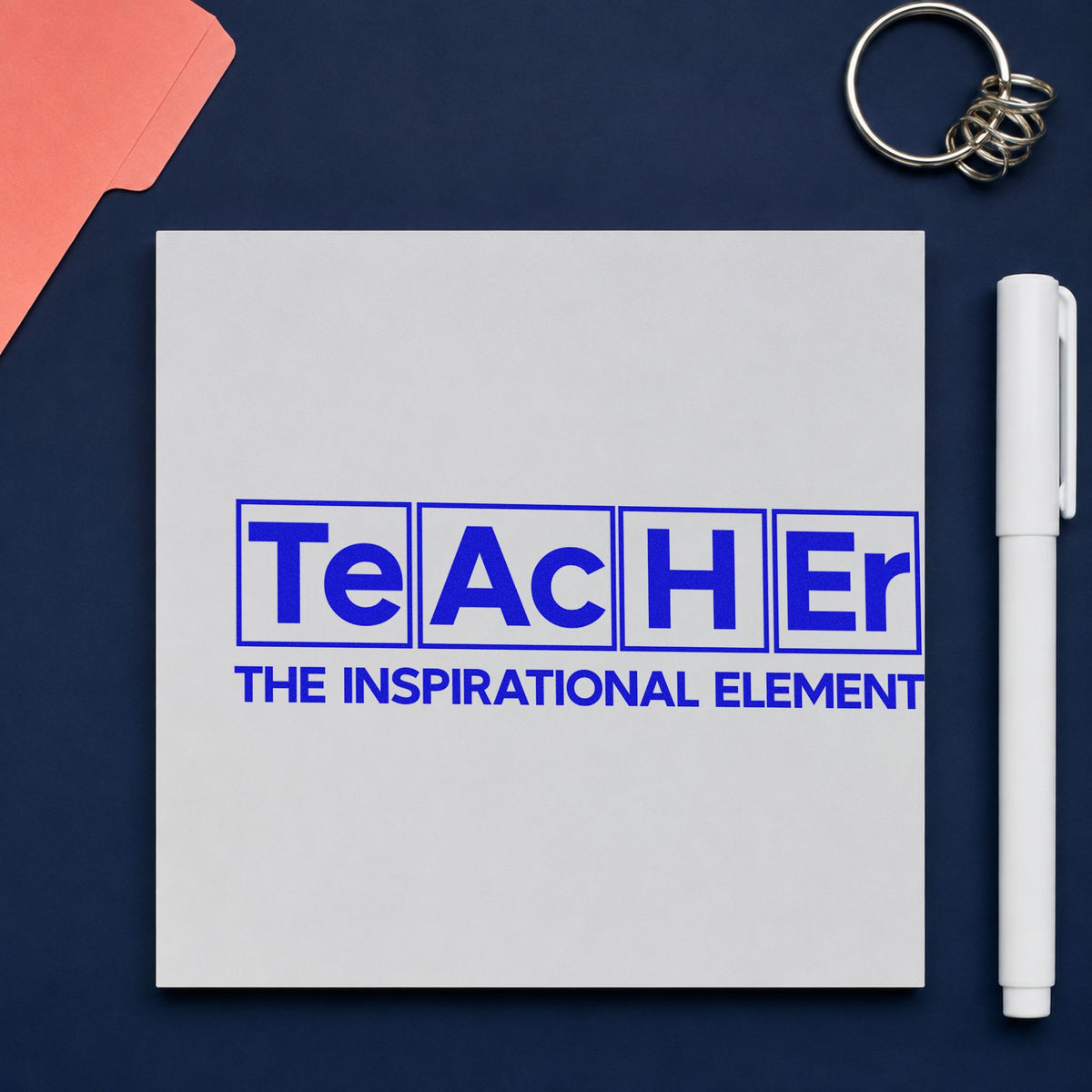 Teacher Inspirational Element craft stamp in blue ink on cardstock, an easy option for lab coat panels.