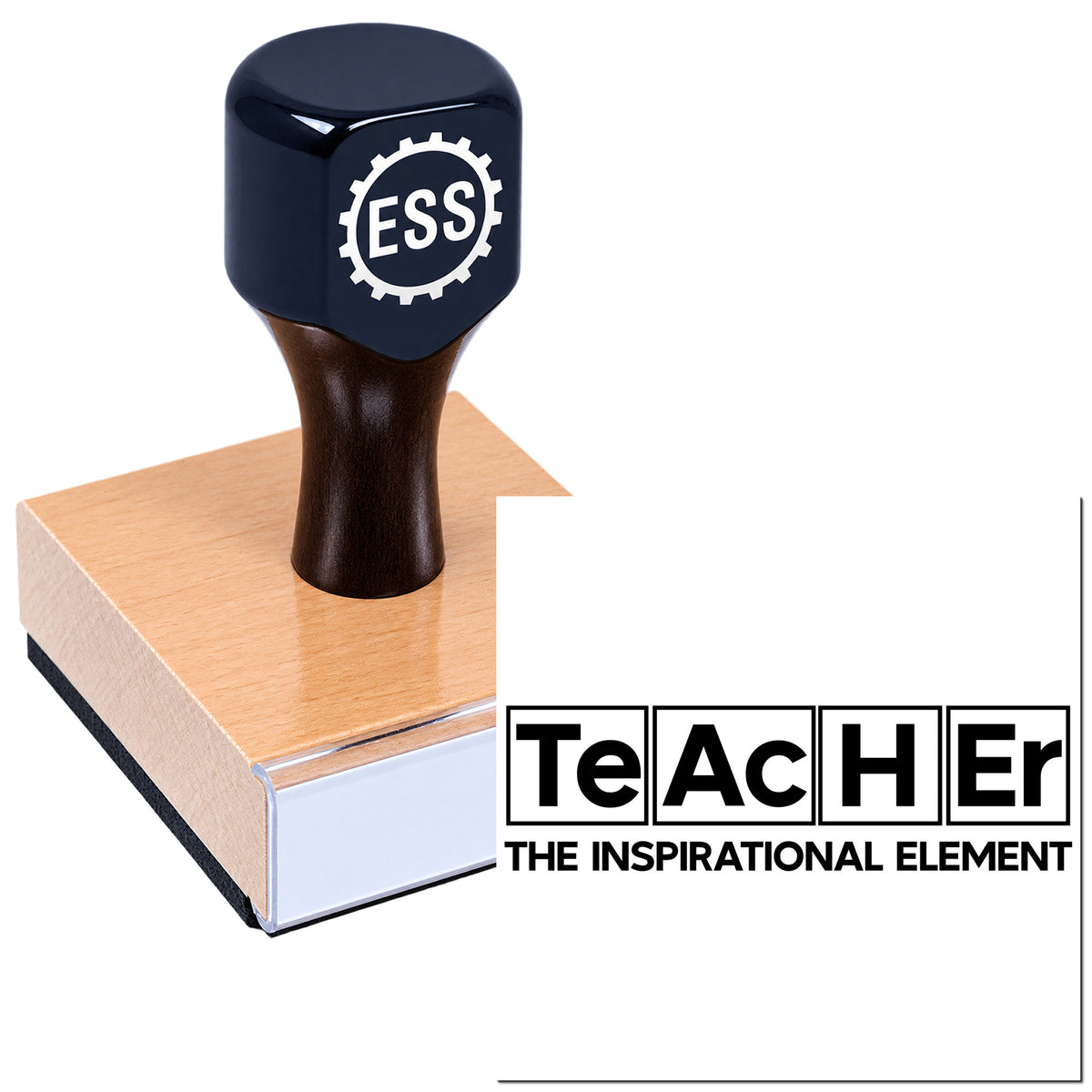 Black ESS self-inking stamp on pink seal block with Teacher logo and bold Teacher seal text