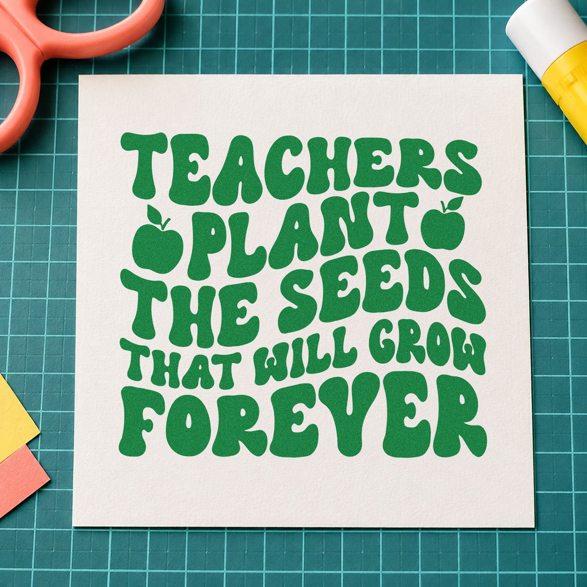 Teachers Plant Seeds Forever craft stamp imprint in green ink on a handmade project, one idea being framed planting bed.