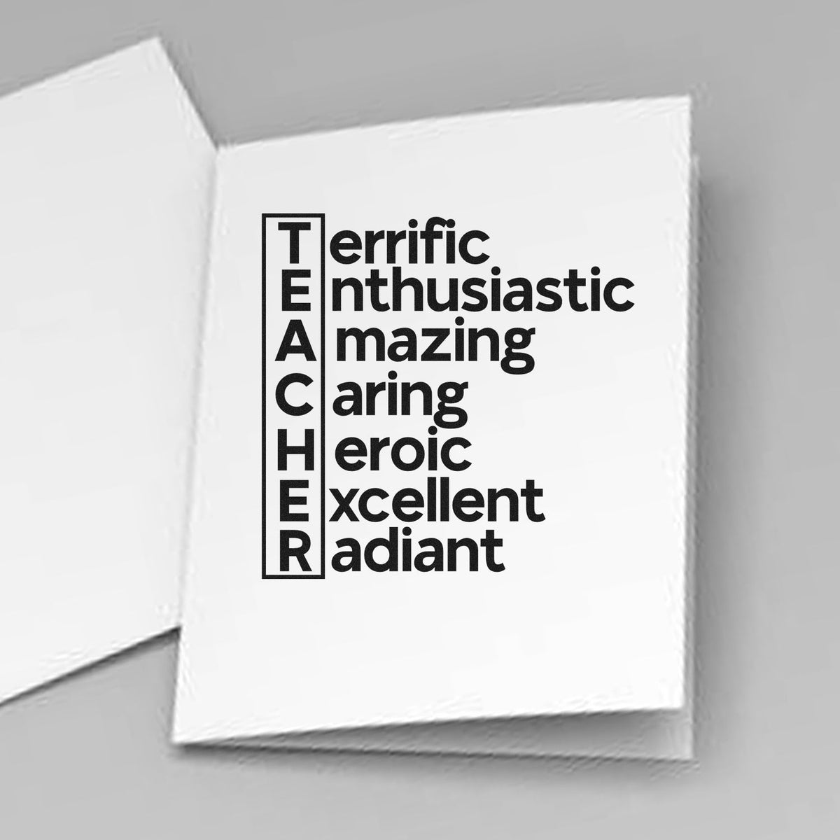 Black teacher stamp and seal on white card with words Terrific, Enthusiastic, Amazing, Caring, Heroic, Excellent, Radiant.