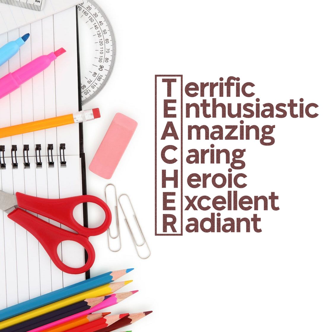 Brown teacher stamp and seal products with colorful school supplies, red scissors, pencils, eraser, and paper clips.