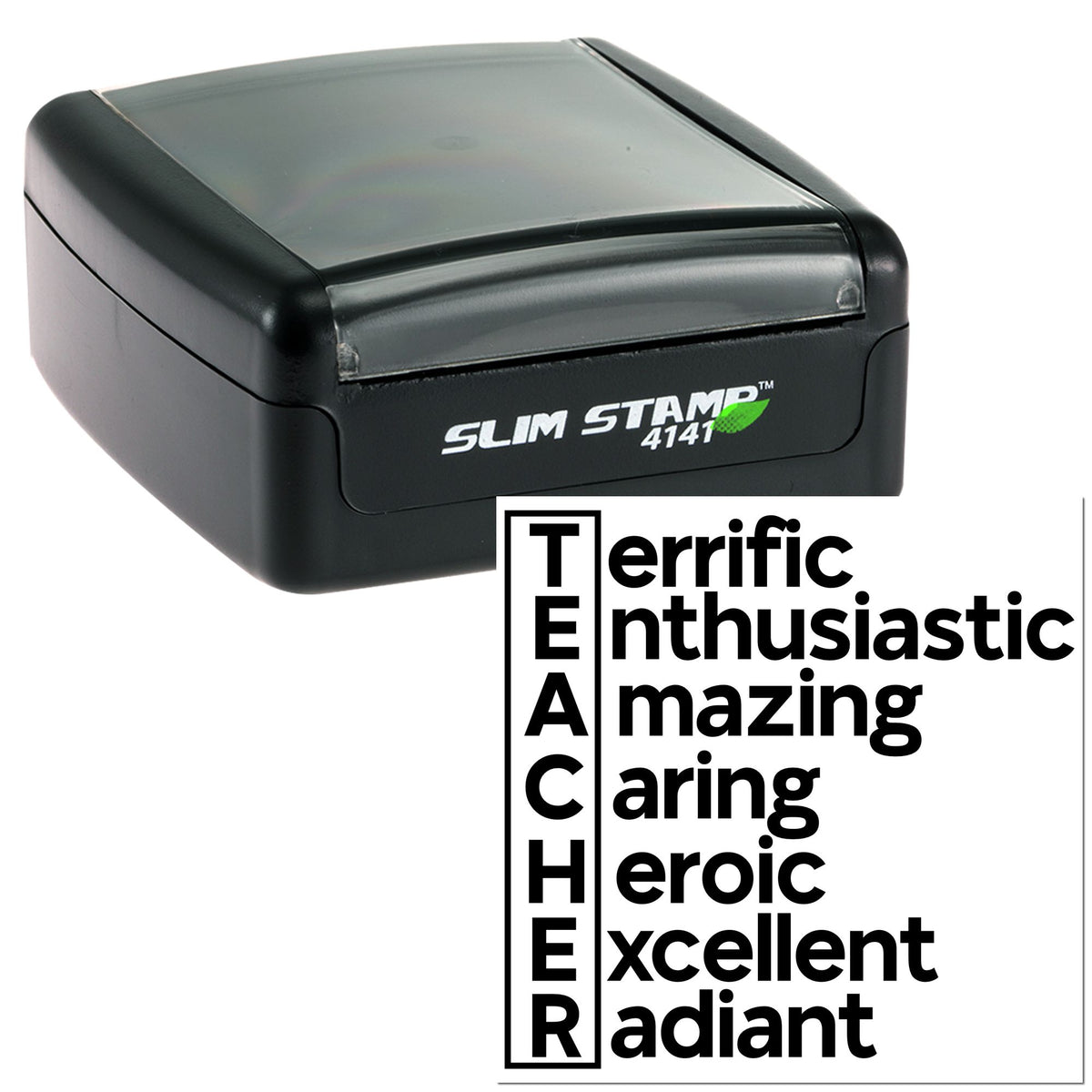Black self-inking Slim Stamp 4141 stamp with translucent gray lid and bold TEACHER seal text