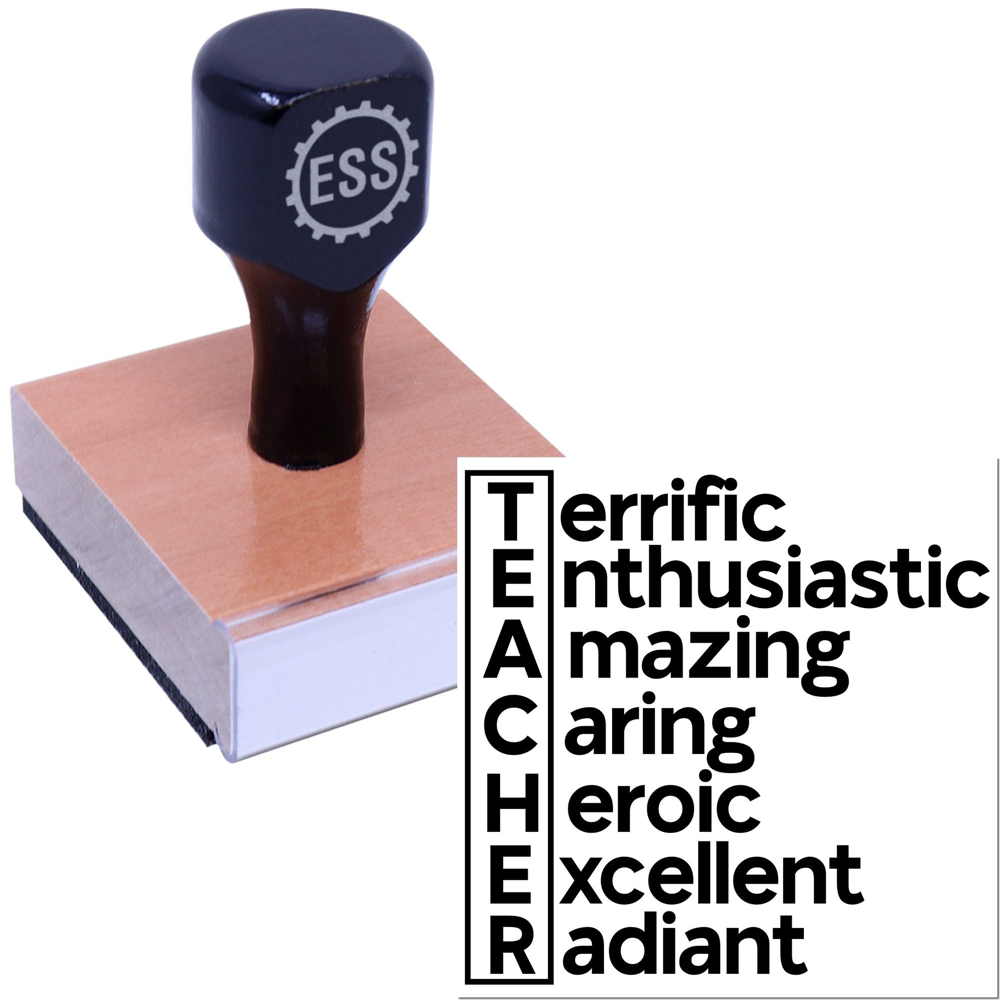 Dark blue ESS rubber stamp on a pink wooden block, beside bold black Teacher praise words for stamp and seal products.