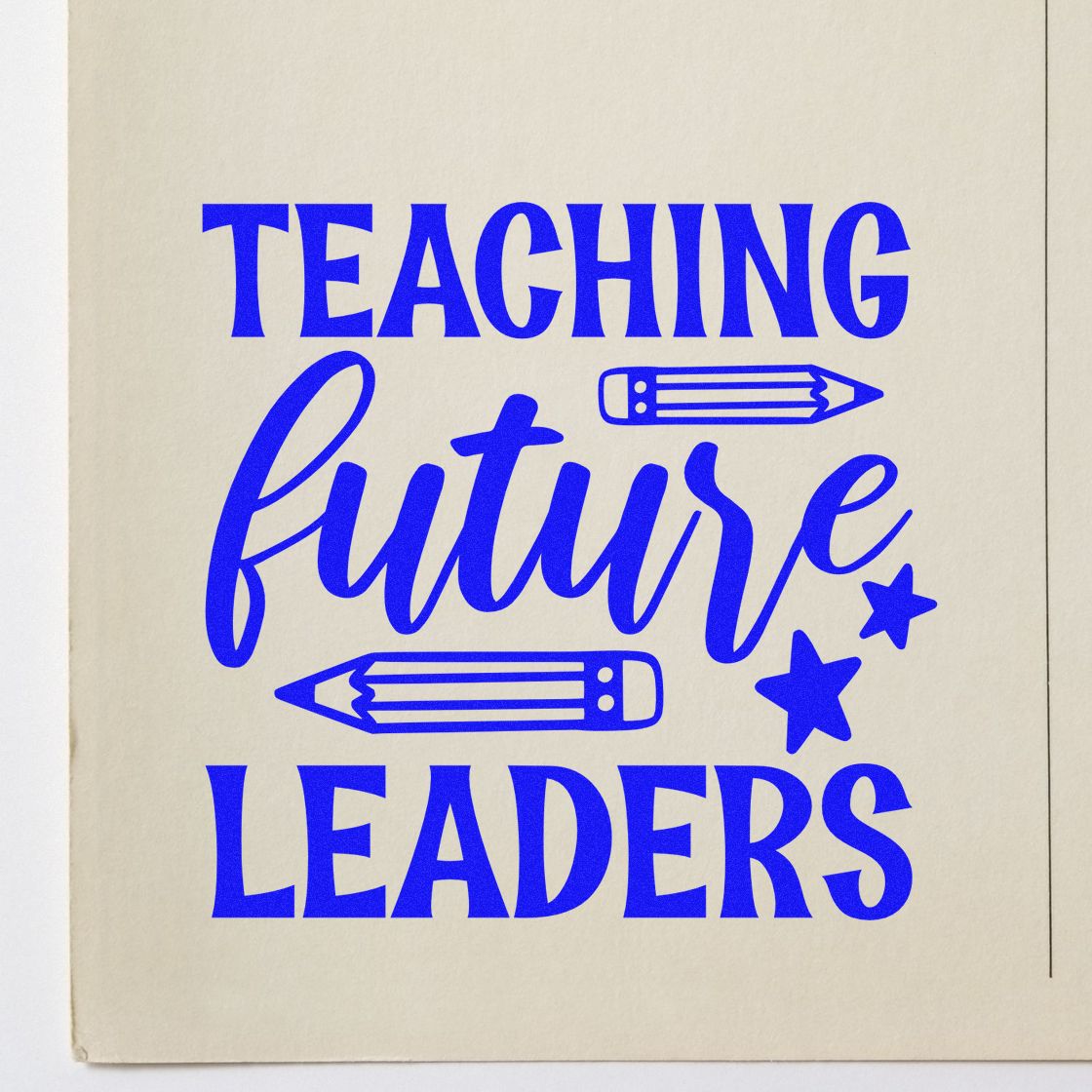 Blue teaching future leaders stamp seal with pencil icons and stars on cream paper
