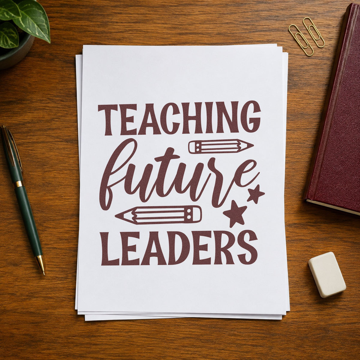 Teaching Future Leaders Pencils rubber stamp printed in brown ink, ready for ballot box labels and similar paper crafts.