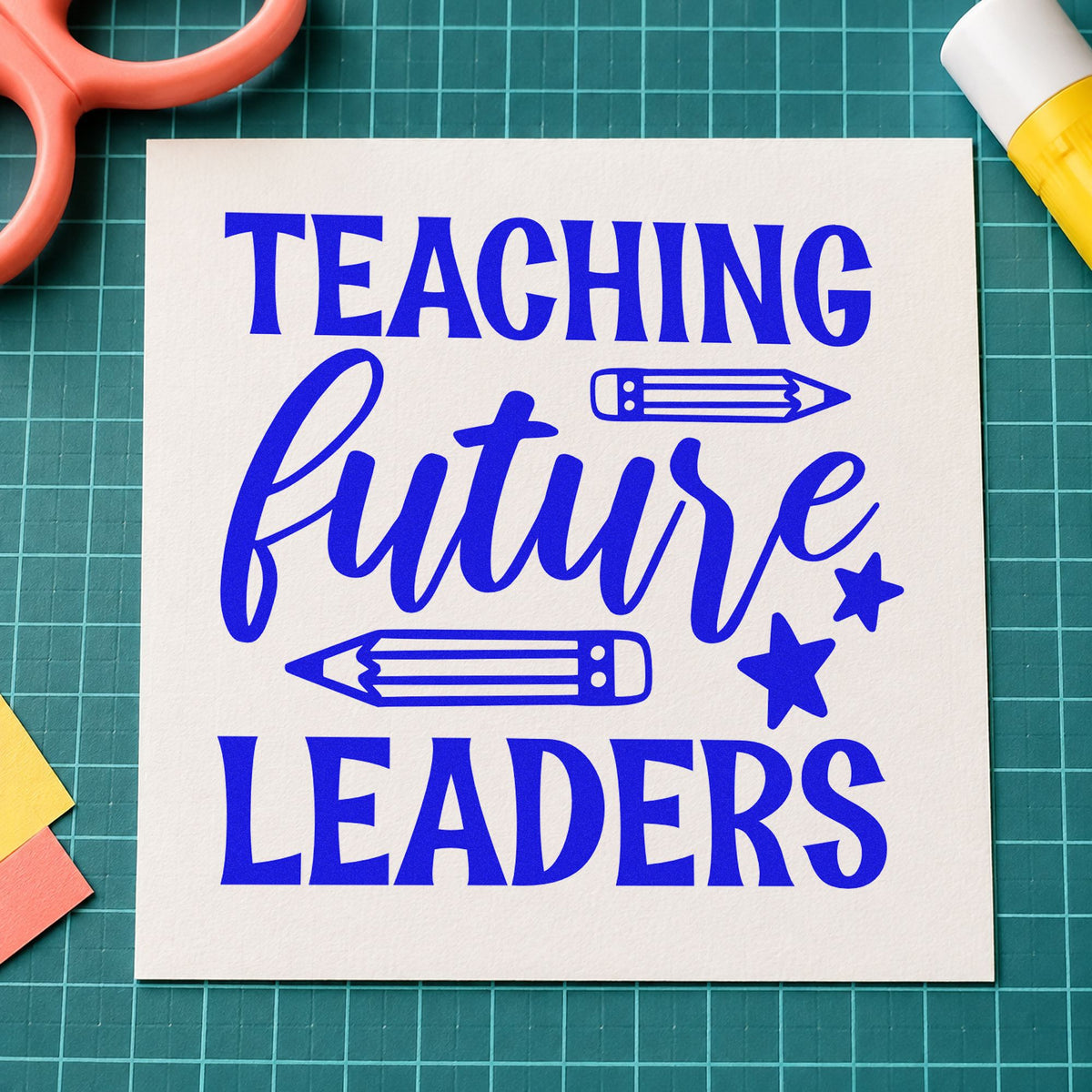 Teaching Future Leaders Pencils craft stamp in blue ink on cardstock, an easy option for sash ribbon panels.