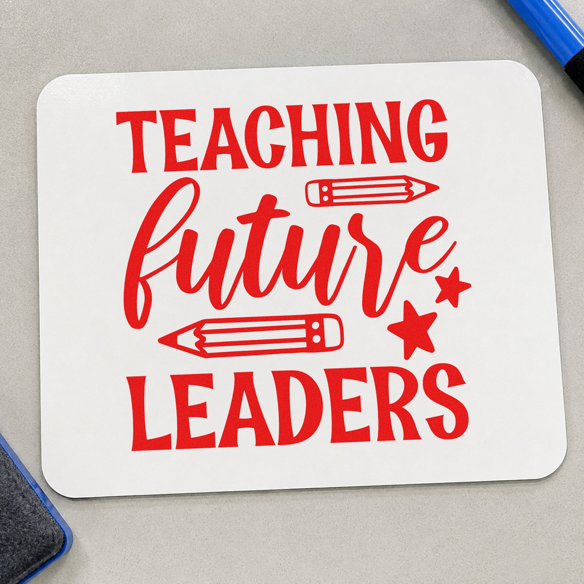 Teaching Future Leaders Pencils rubber stamp shown in red ink, stamped for projects such as induction day notes.