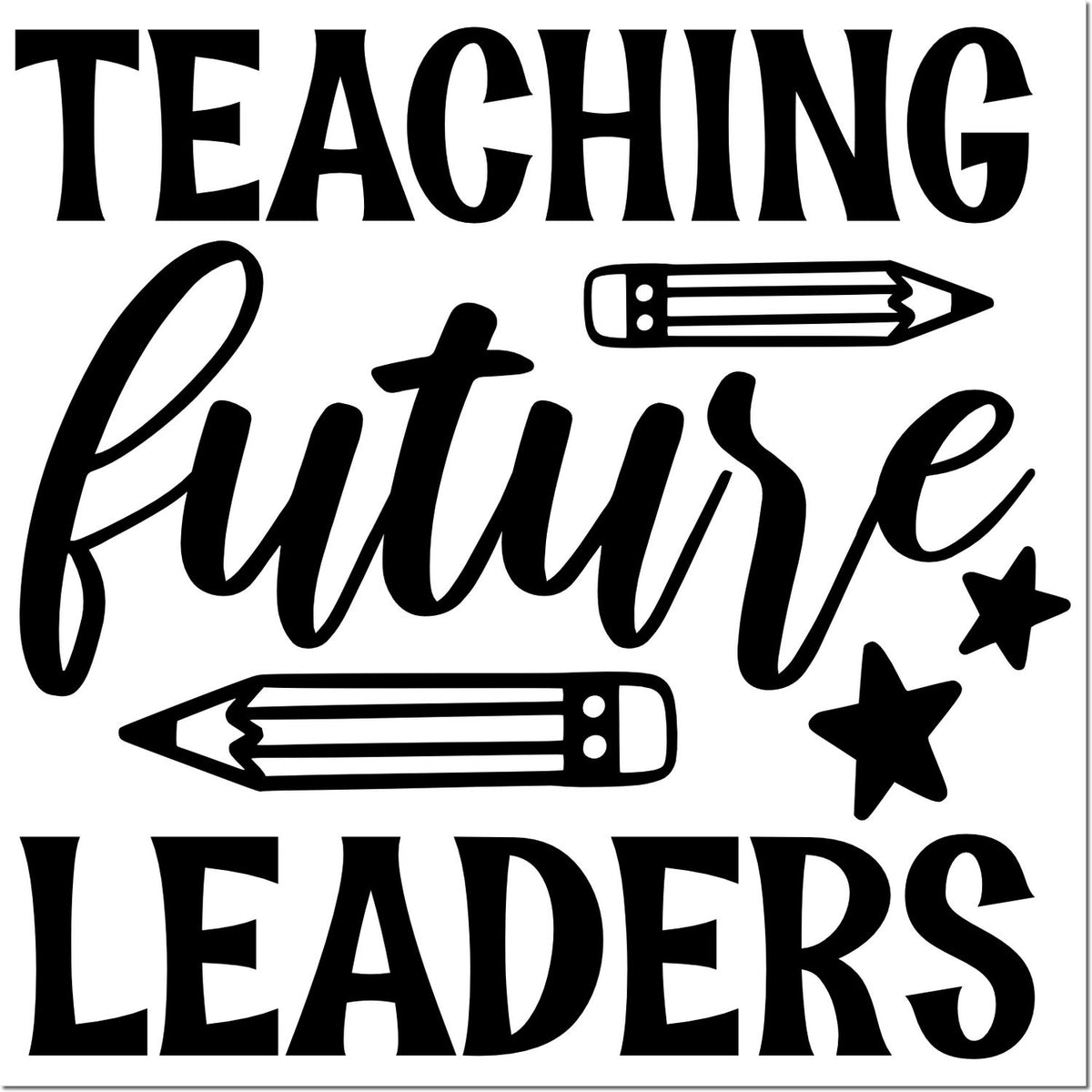 Black teaching future leaders rubber stamp design with pencils and stars on a white background.