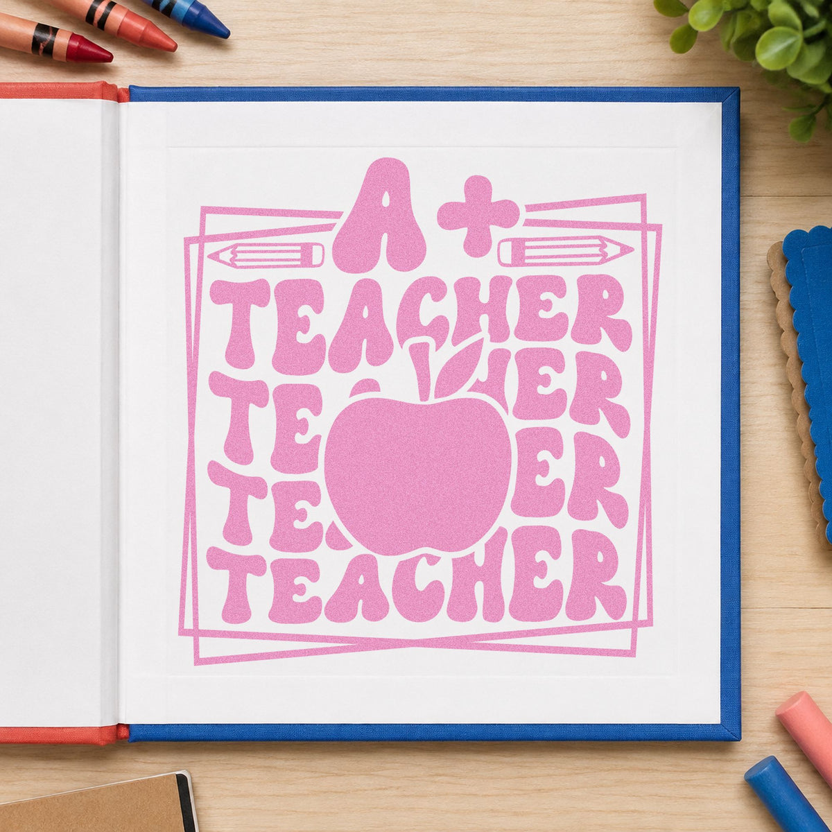 A Plus Teacher Repeated Frame craft stamp in purple ink on cardstock, an easy option for grade boost tags.