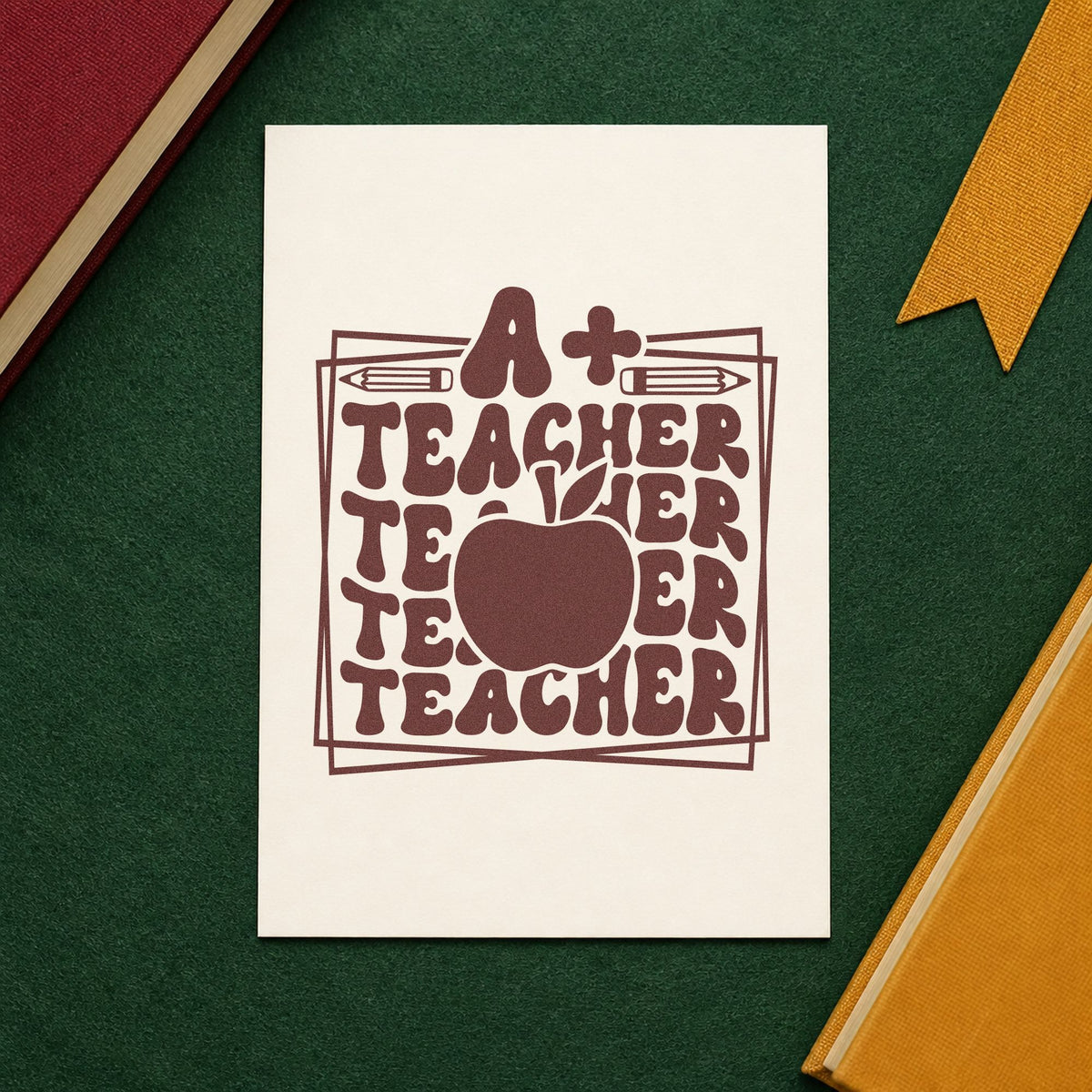 A Plus Teacher Repeated Frame rubber stamp printed in brown ink, ready for revision box labels and similar paper crafts.