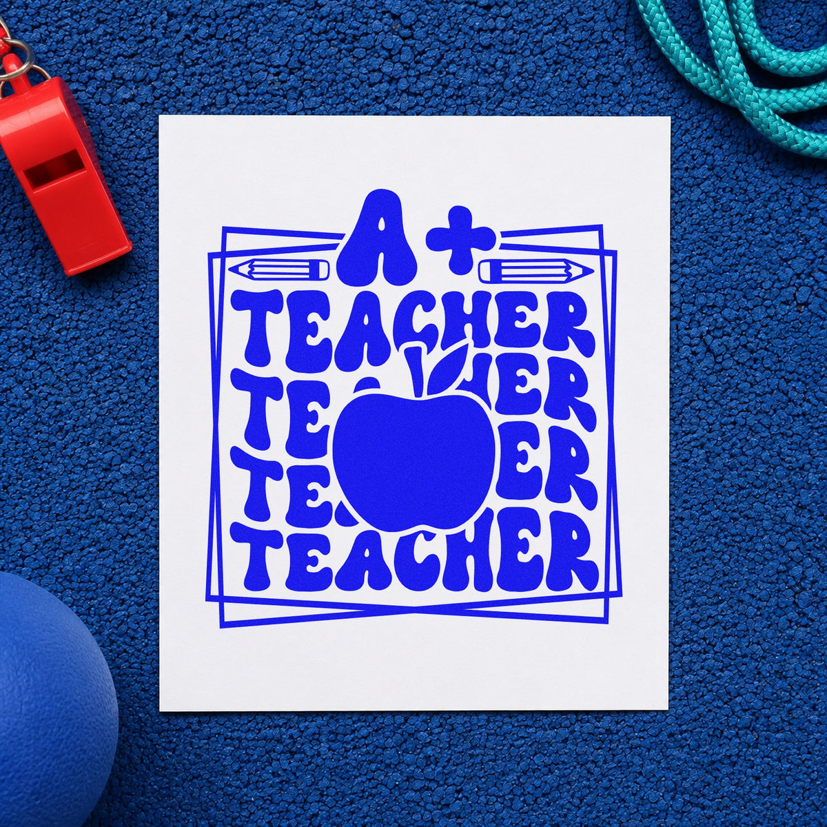 A Plus Teacher Repeated Frame craft stamp in blue ink on cardstock, an easy option for study tote panels.