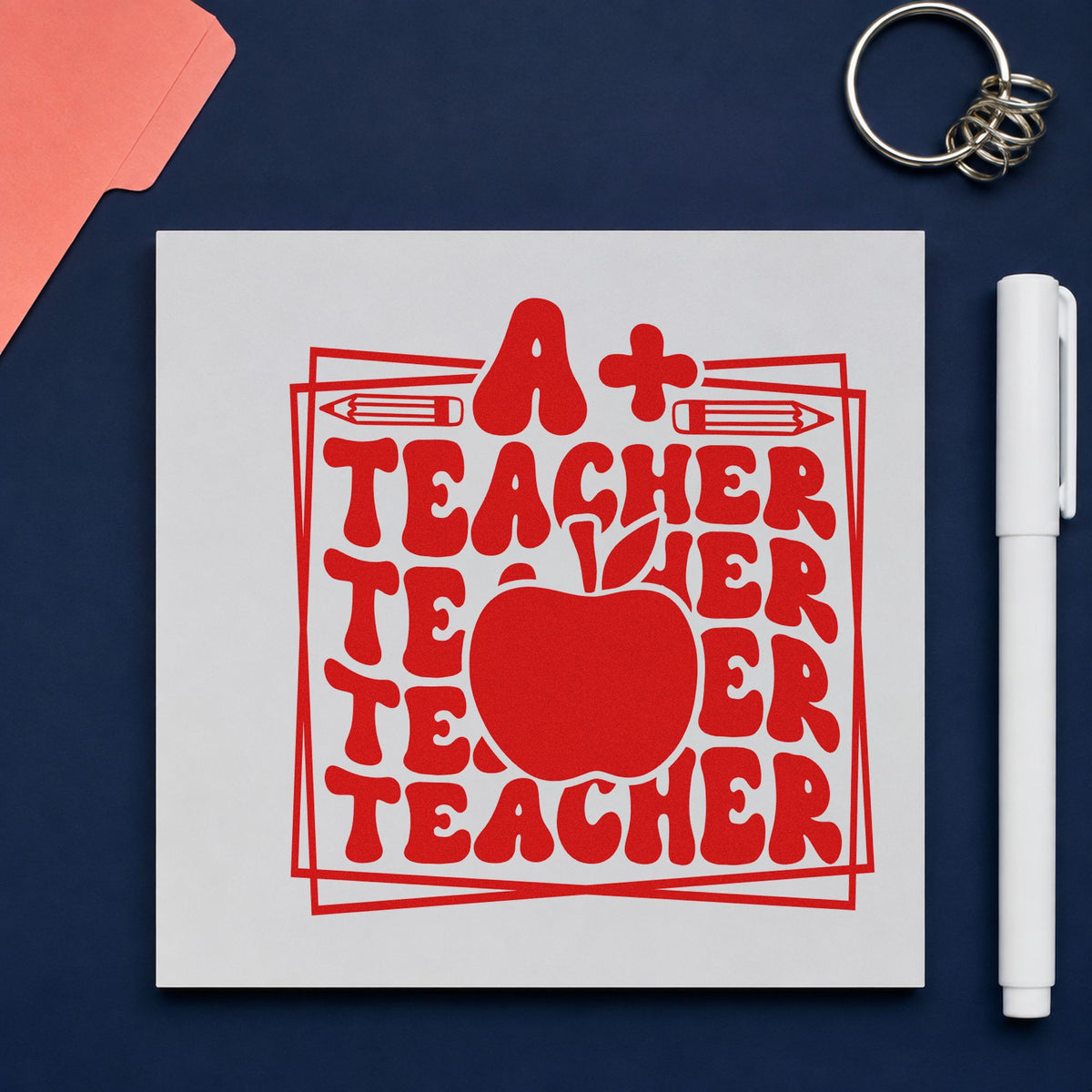 A Plus Teacher Repeated Frame rubber stamp shown in red ink, stamped for projects such as progress day notes.