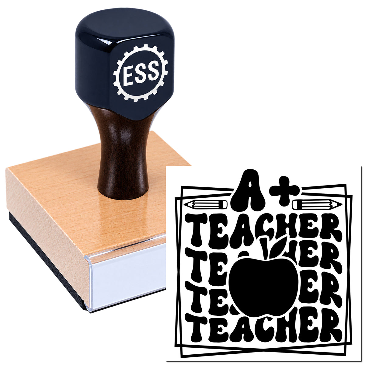 Navy rubber stamp seal on wooden block with A+ Teacher design, black lettering and apple icon.