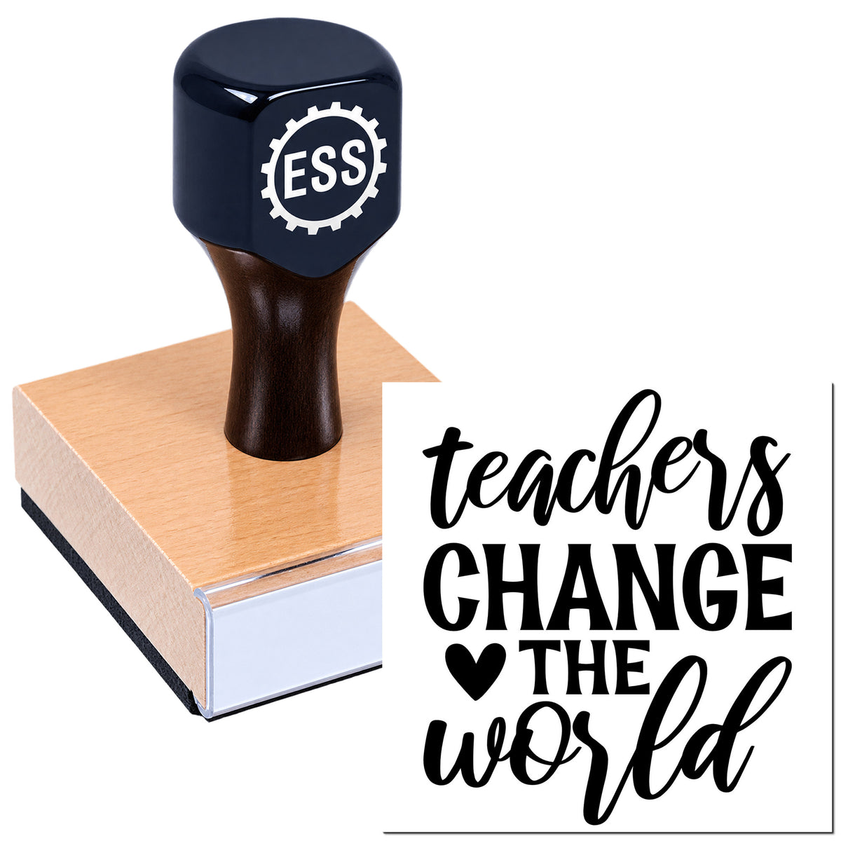 Black ESS rubber stamp and seal on a wooden mount, with bold "teachers change the world" text in black.