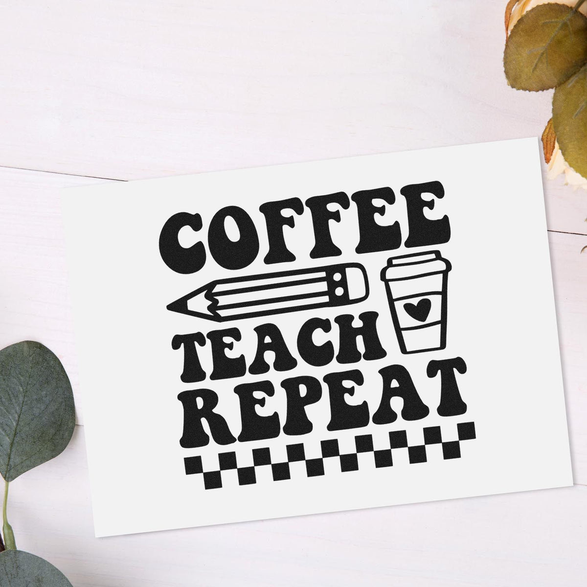 Black coffee teacher repeat stamp and seal design with pencil and takeaway cup on white card.