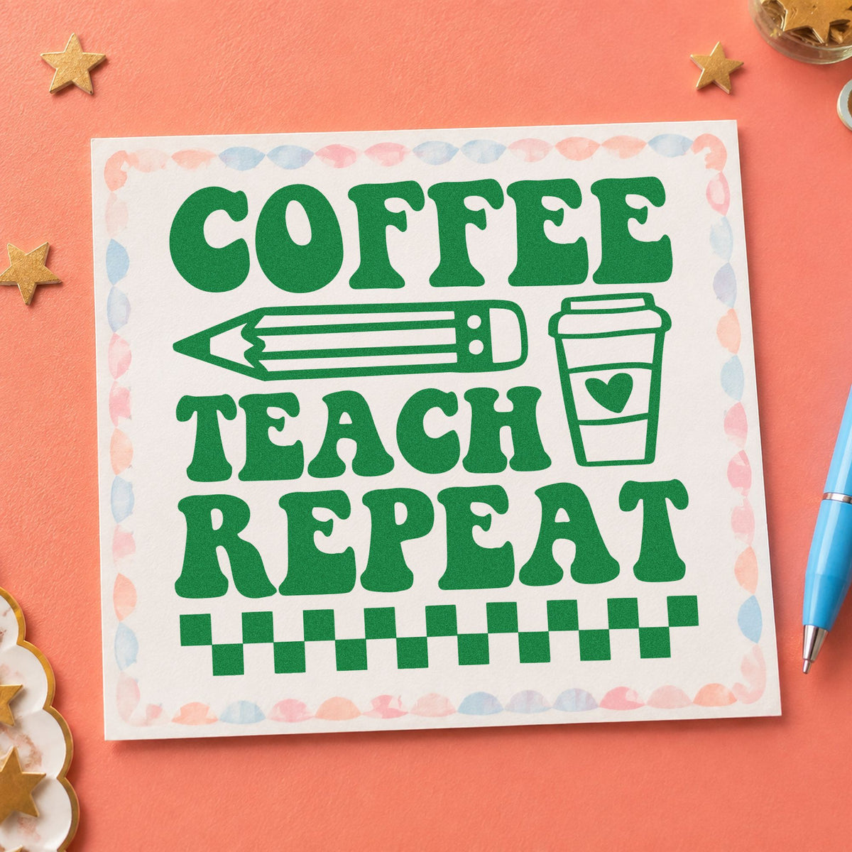 Coffee Teach Repeat craft stamp imprint in green ink on a handmade project, one idea being order pad pages.