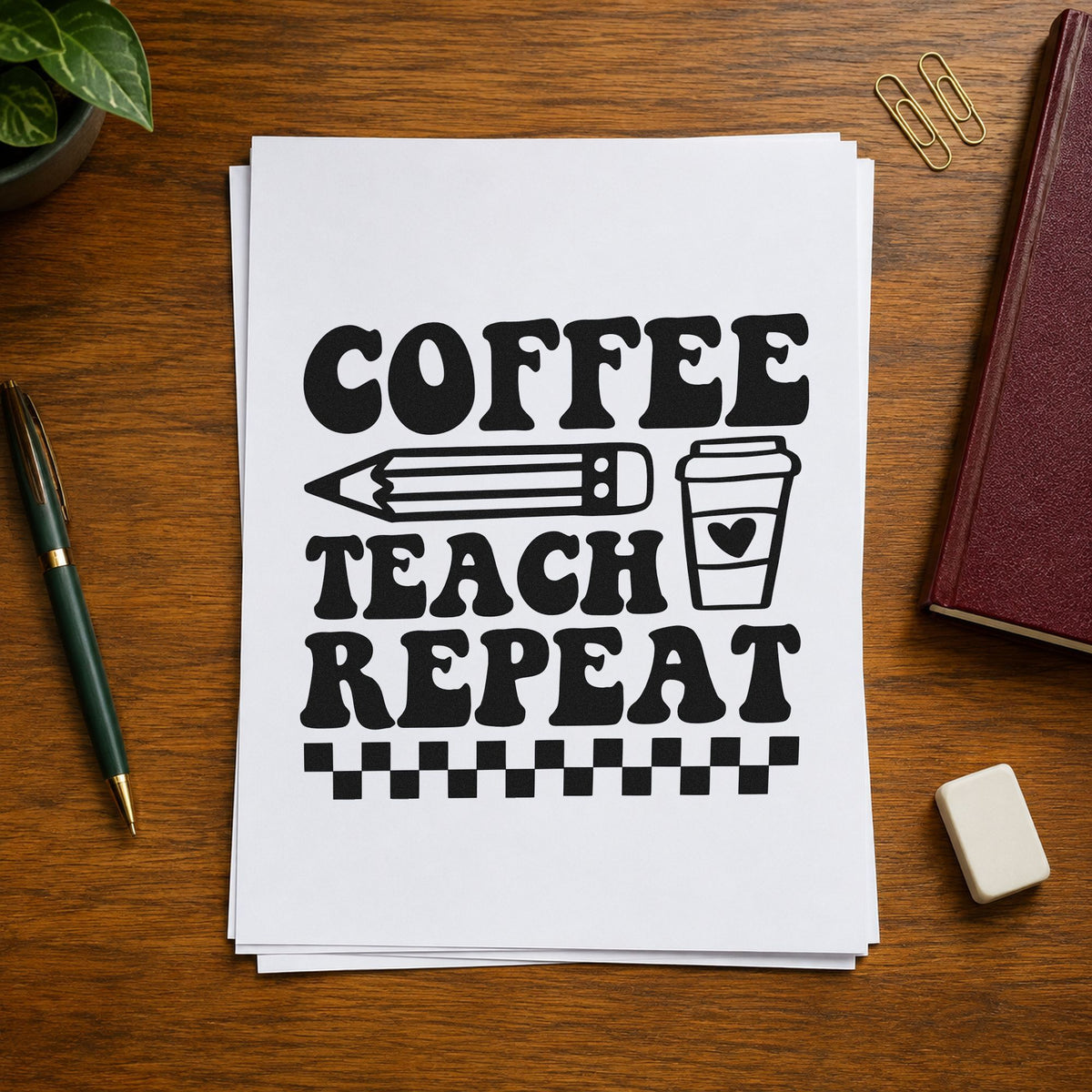 Coffee Teach Repeat rubber stamp printed in black ink, ready for checkerboard loop cards and similar paper crafts.