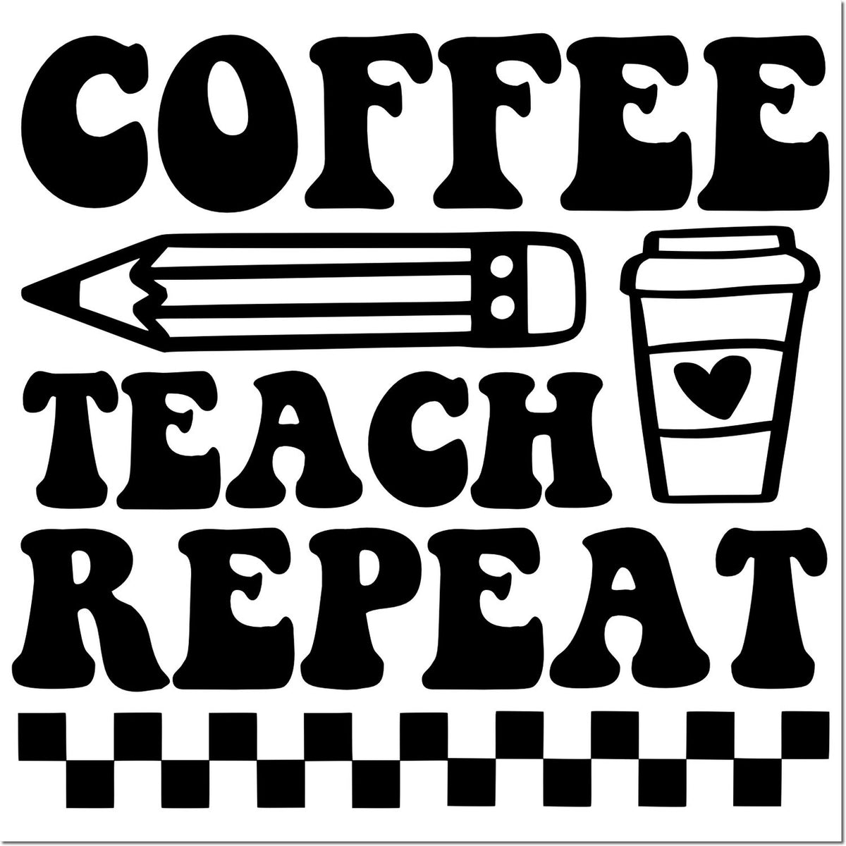Black coffee teacher repeat stamp and seal design with pencil, coffee cup, and checkerboard border.