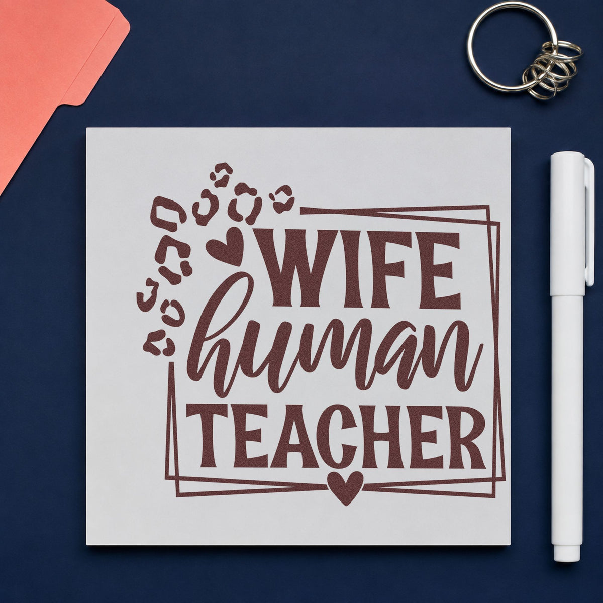 Wife Human Teacher Frame rubber stamp printed in brown ink, ready for spice rack labels and similar paper crafts.