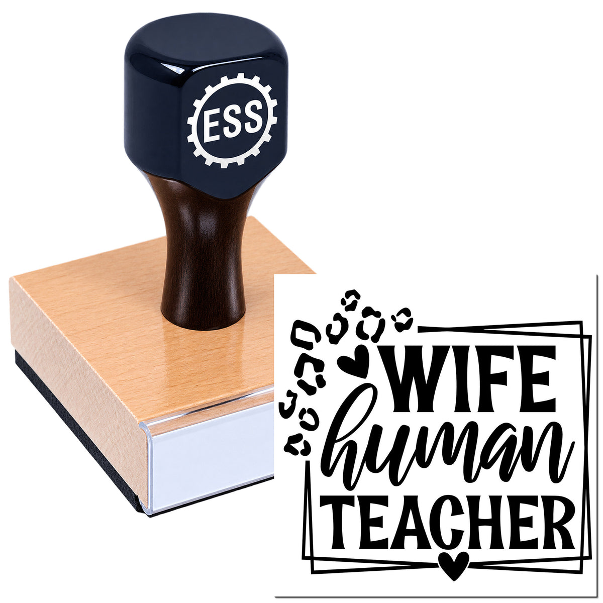 Black ESS rubber stamp on a wooden base beside a black "Wife human teacher" seal design.