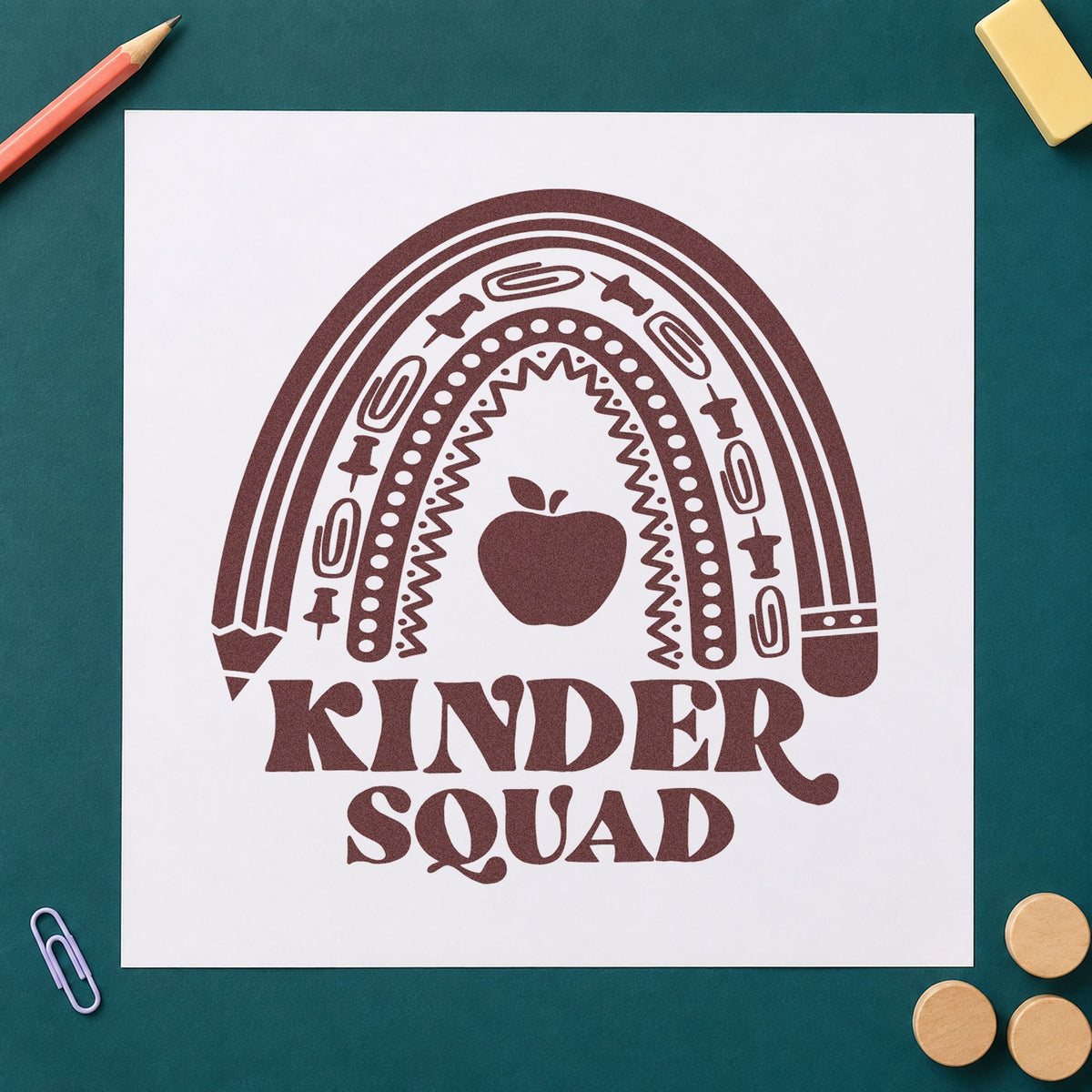 Kinder Squad Rainbow Apple rubber stamp printed in brown ink, ready for tray front labels and similar paper crafts.
