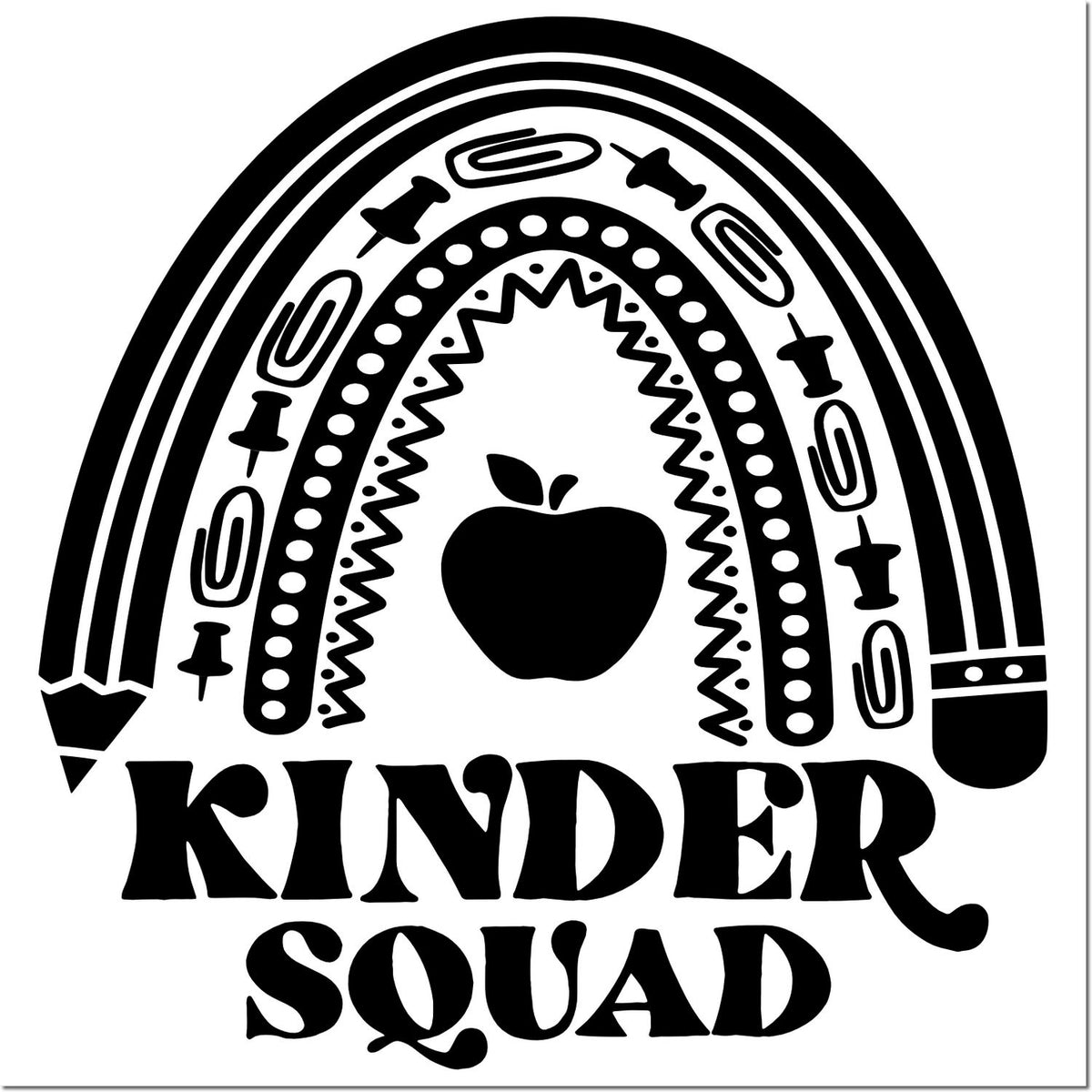 Black Kindred Squad stamp seal with rainbow pencil arch, apple, paper clips, and pushpins.