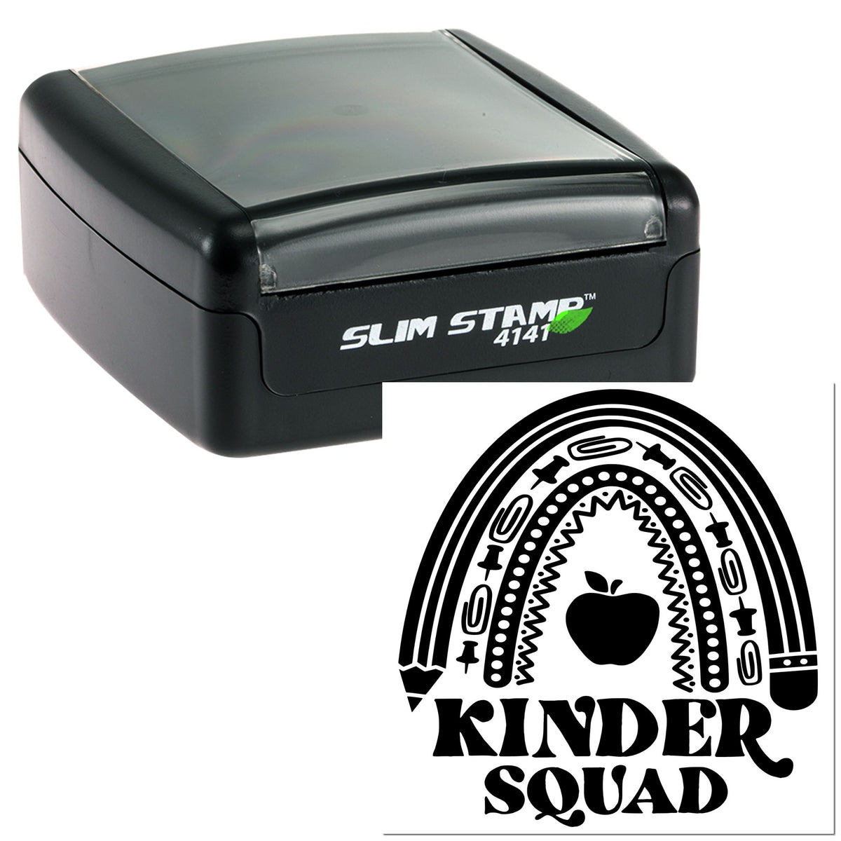 Black Slim Stamp 4141 self-inking stamp with custom Kinder Squad seal featuring rainbow, apple, and bold lettering.