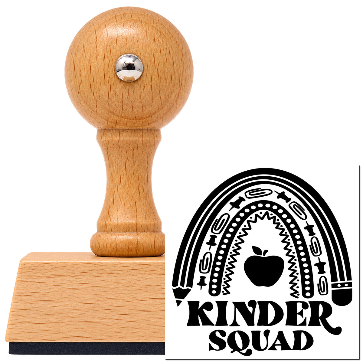 Vintage Pro beech wood stamp with a round knob handle, shown with its black Kinder Squad Rainbow Apple imprint on white.