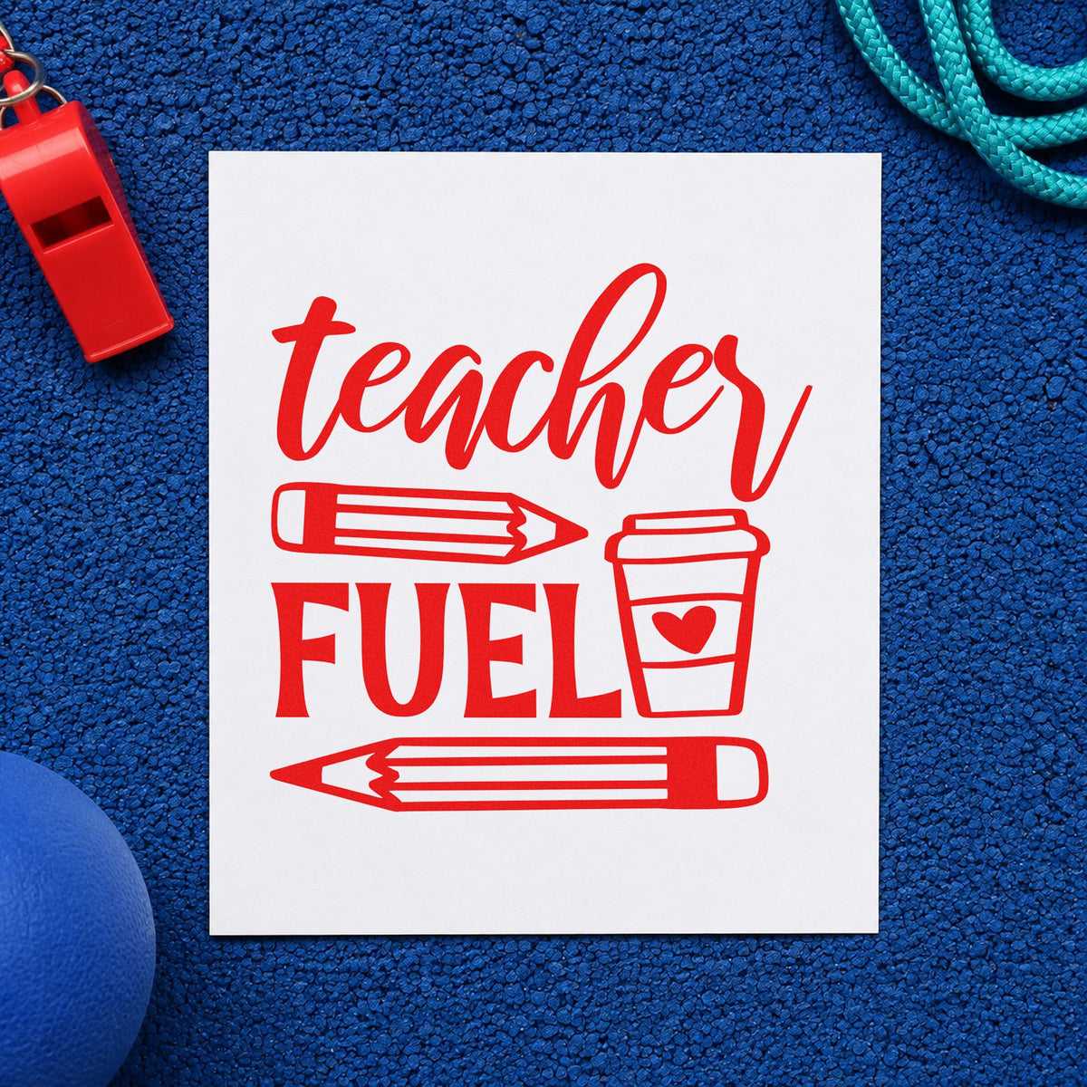 Teacher Fuel Coffee Pencils rubber stamp shown in red ink, stamped for projects such as winter term notes.