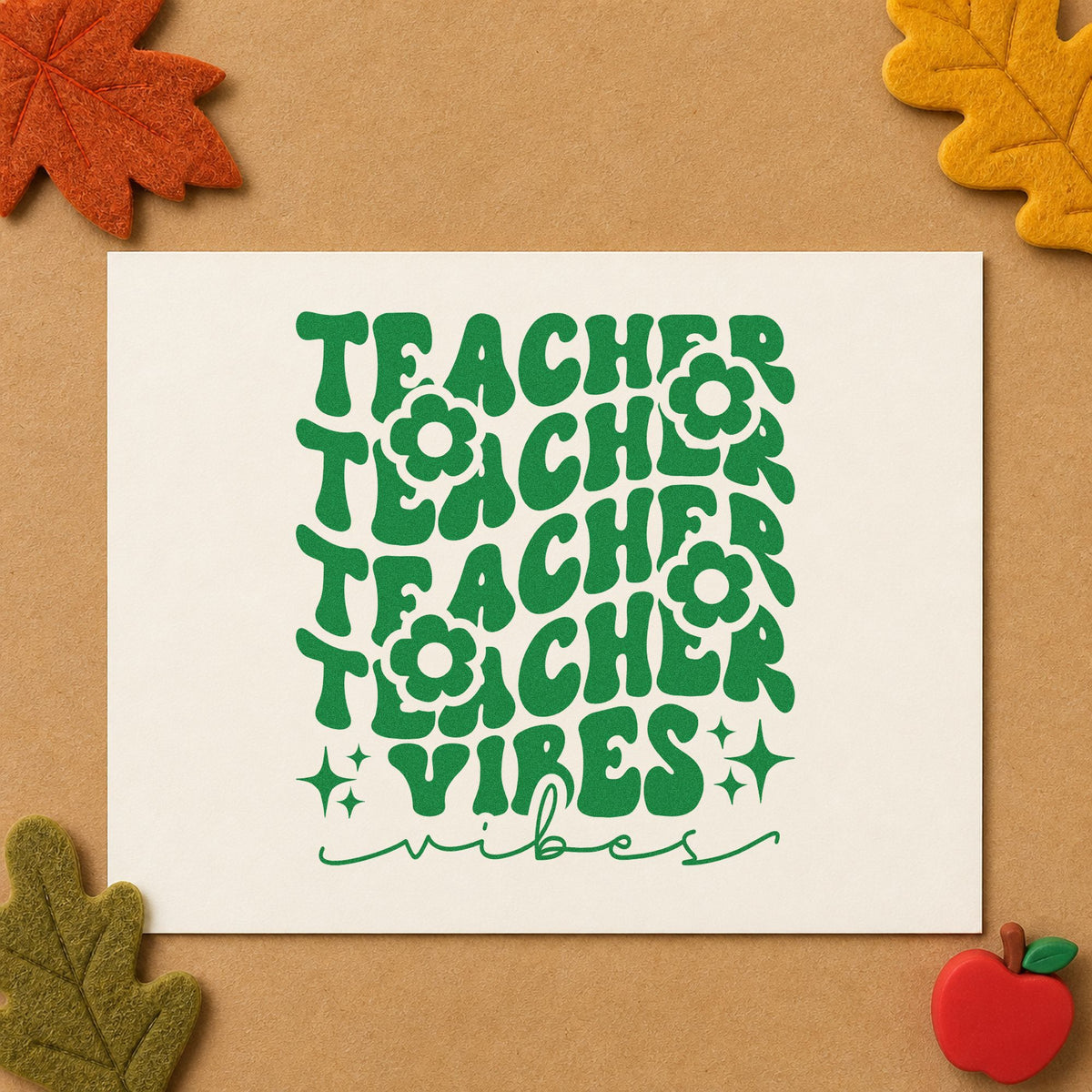 Teacher Vibes Repeated Flowers craft stamp imprint in green ink on a handmade project, one idea being pressed bloom pages.