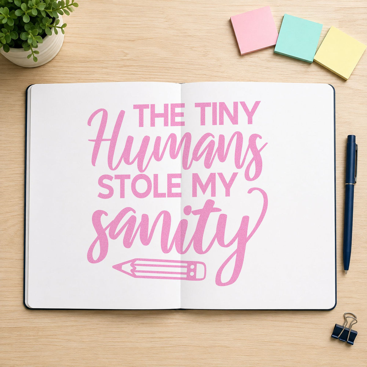 Tiny Humans Stole Sanity craft stamp in purple ink on cardstock, an easy option for treasure hunt tags.