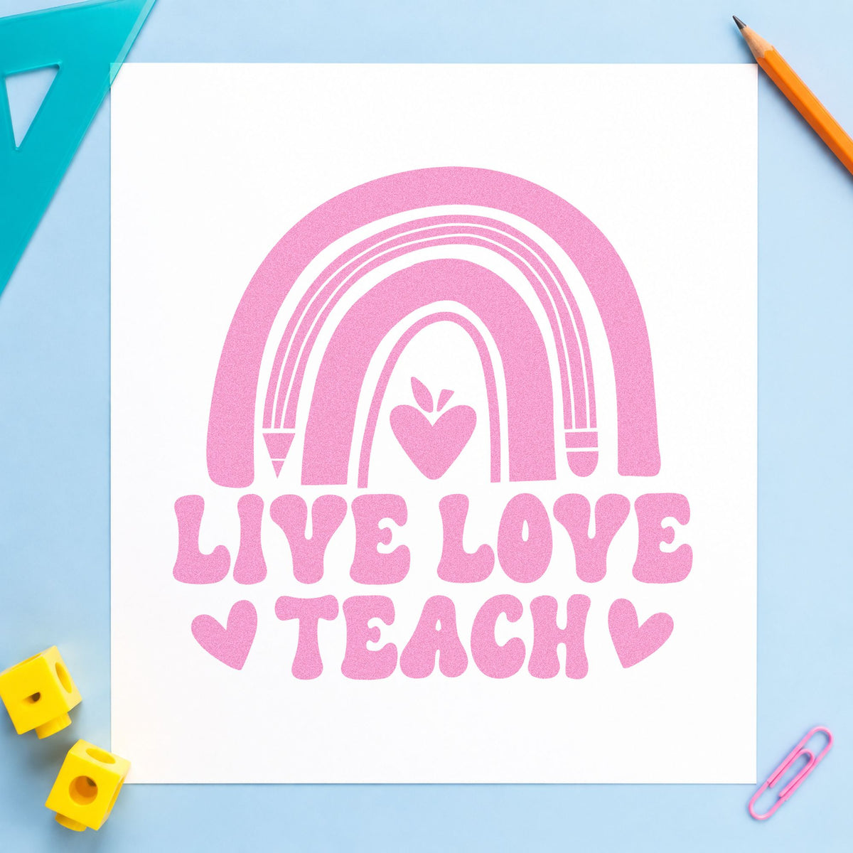 Live Love Teach Rainbow craft stamp in purple ink on cardstock, an easy option for color week tags.
