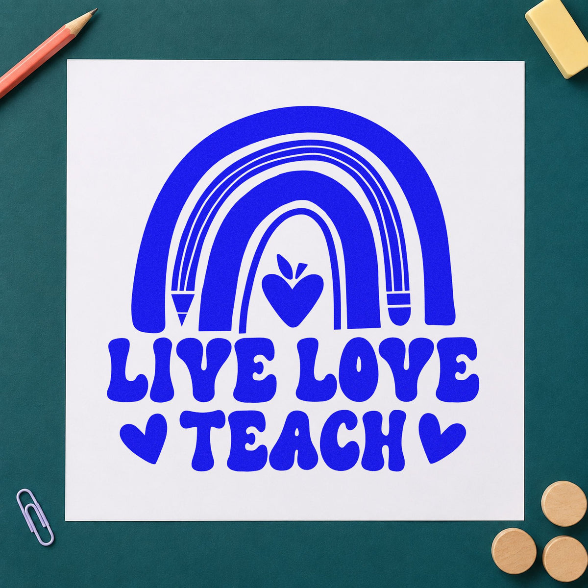 Live Love Teach Rainbow craft stamp imprinted in blue ink on paper, a design suited to paint pack seals.
