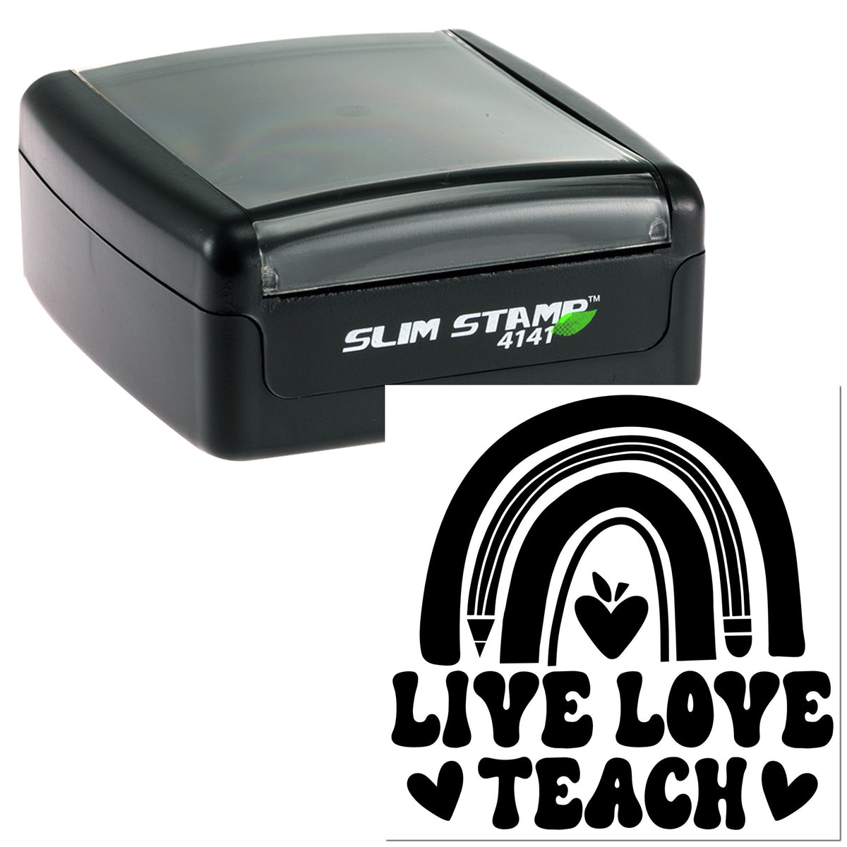Black Slim Stamp 4141 self-inking seal with rainbow and heart Live Love Teach design.