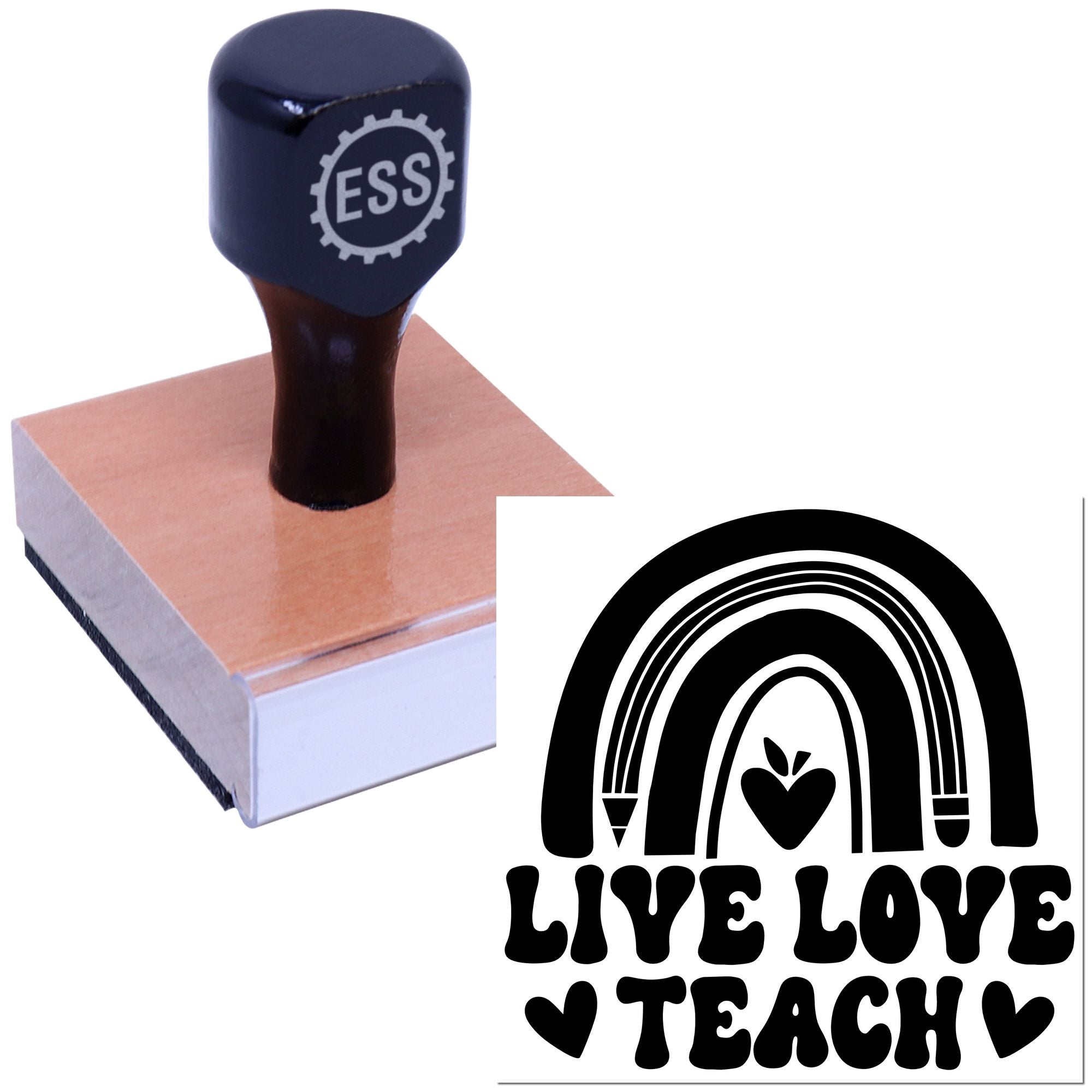 Navy ESS rubber stamp on wooden block beside black Live Love Teach seal with rainbow and heart