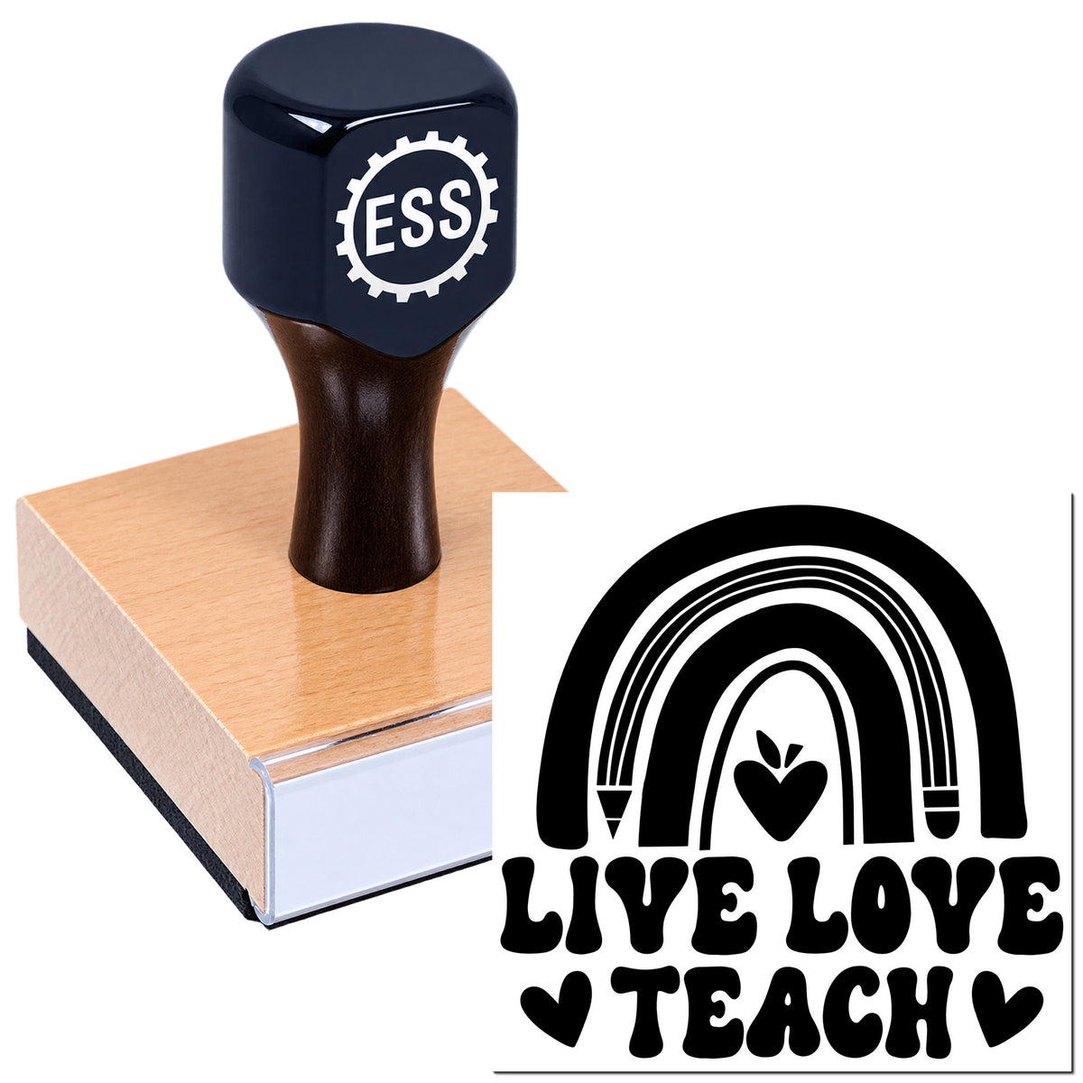 Navy ESS rubber stamp on wooden block beside black Live Love Teach seal with rainbow and heart